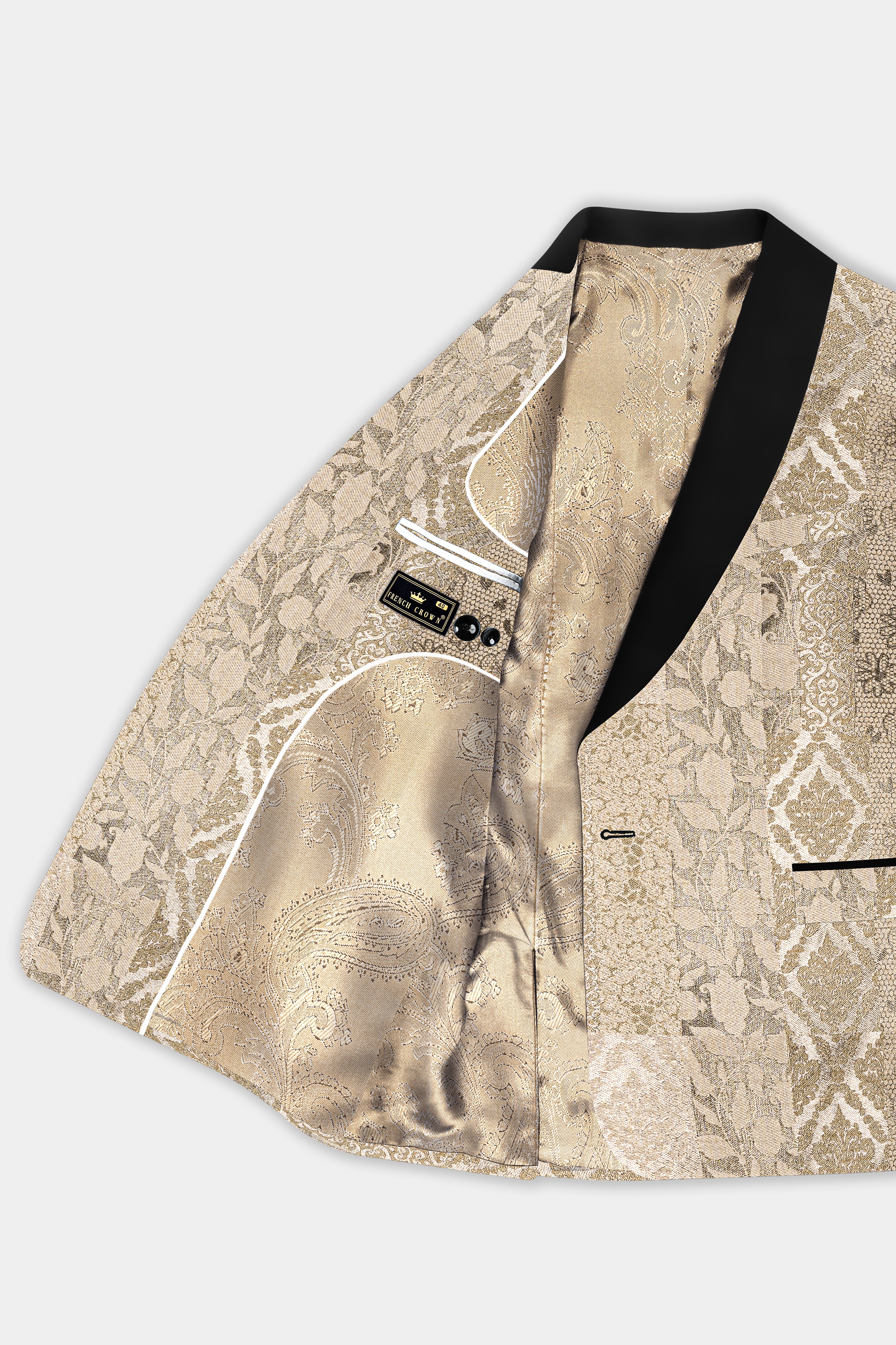 Cashmere and Sandrift Brown Jacquard Floral Weave Tuxedo Blazer BL3704-BKL-36, BL3704-BKL-38, BL3704-BKL-40, BL3704-BKL-42, BL3704-BKL-44, BL3704-BKL-46, BL3704-BKL-48, BL3704-BKL-50, BL3704-BKL-52, BL3704-BKL-54, BL3704-BKL-56, BL3704-BKL-58, BL3704-BKL-60