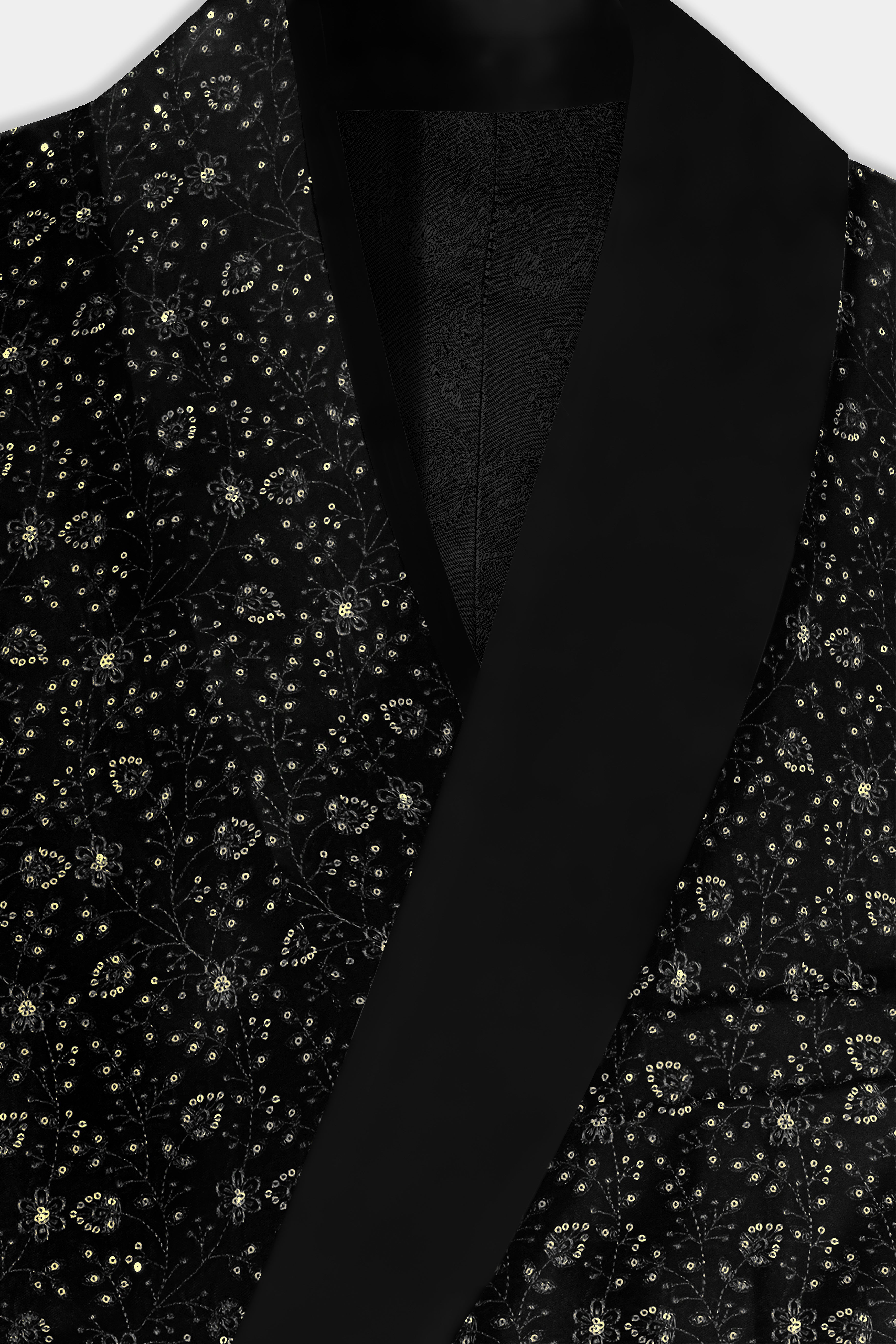 Jade Black Floral Thread and Sequin Embroidered Tuxedo Blazer BL3728-BKL-36, BL3728-BKL-38, BL3728-BKL-40, BL3728-BKL-42, BL3728-BKL-44, BL3728-BKL-46, BL3728-BKL-48, BL3728-BKL-50, BL3728-BKL-52, BL3728-BKL-54, BL3728-BKL-56, BL3728-BKL-58, BL3728-BKL-60