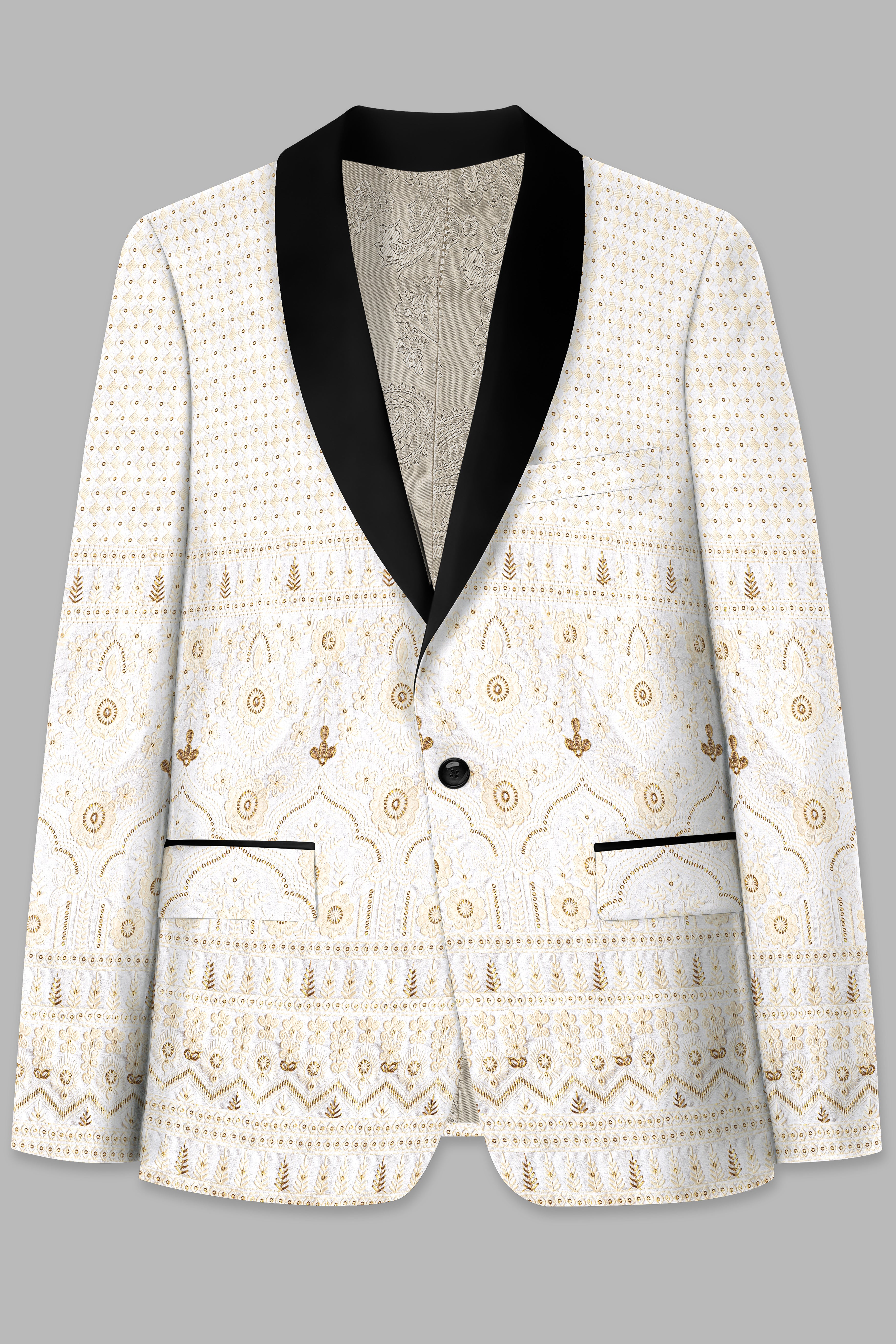 Sand Cream Thread and Sequin Embroidered Tuxedo Blazer BL3740-BKL-36, BL3740-BKL-38, BL3740-BKL-40, BL3740-BKL-42, BL3740-BKL-44, BL3740-BKL-46, BL3740-BKL-48, BL3740-BKL-50, BL3740-BKL-52, BL3740-BKL-54, BL3740-BKL-56, BL3740-BKL-58, BL3740-BKL-60