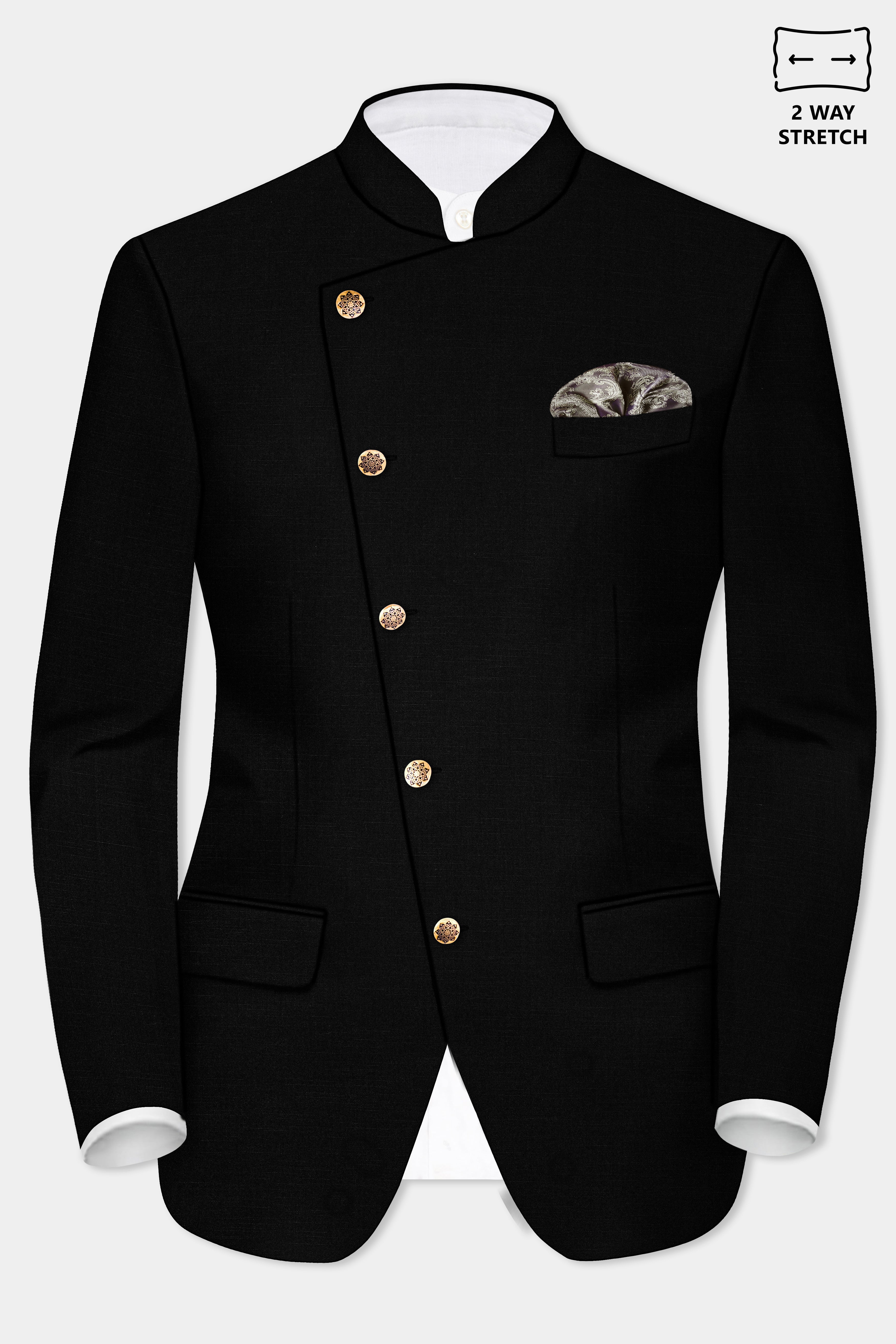 JADE BLACK Stretchable Subtle Sheen CROSS PLACKET BANDHGALA/MANDARIN BLAZER