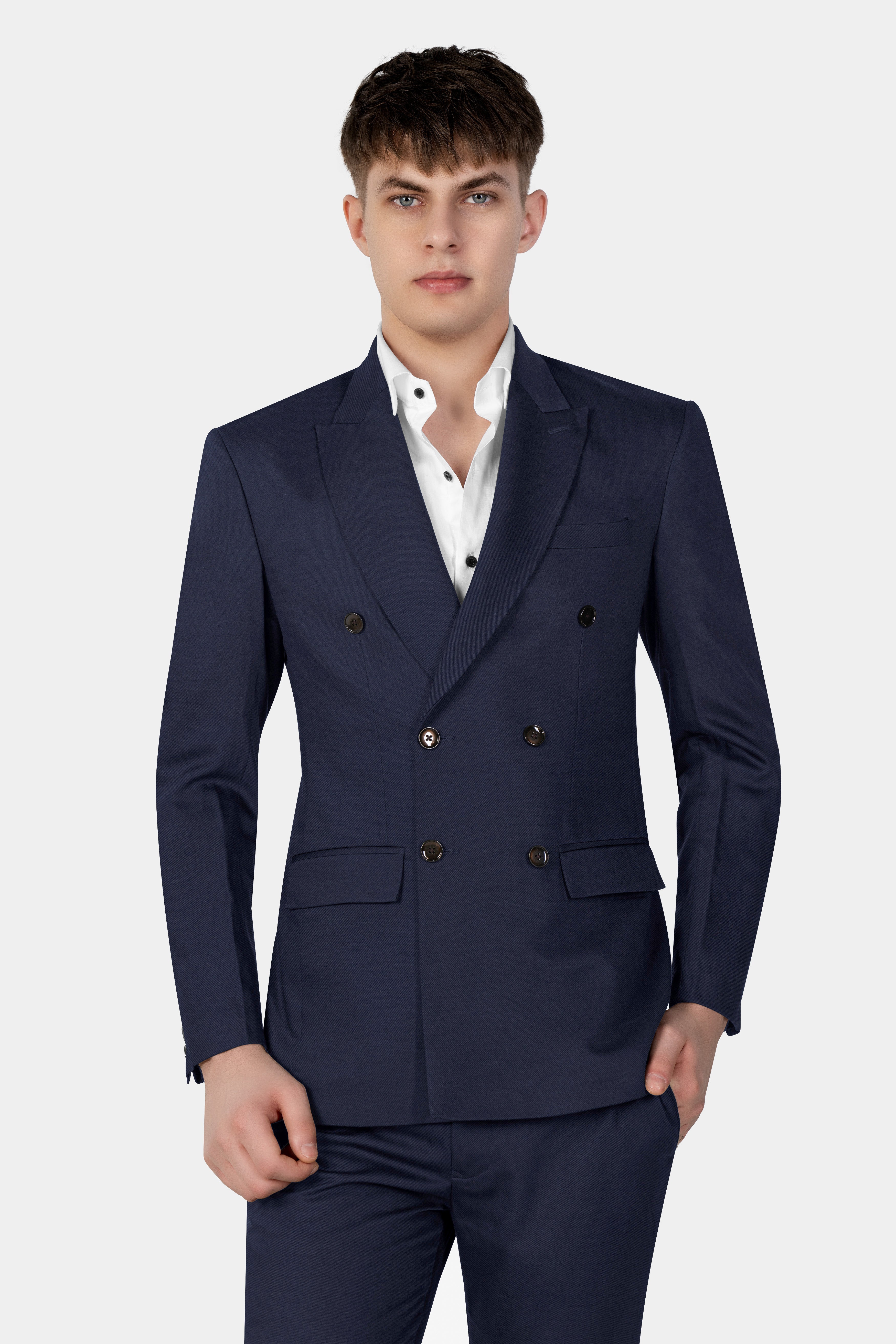 Vulcan Blue Plain Solid Wool Blend Double Breasted Blazer