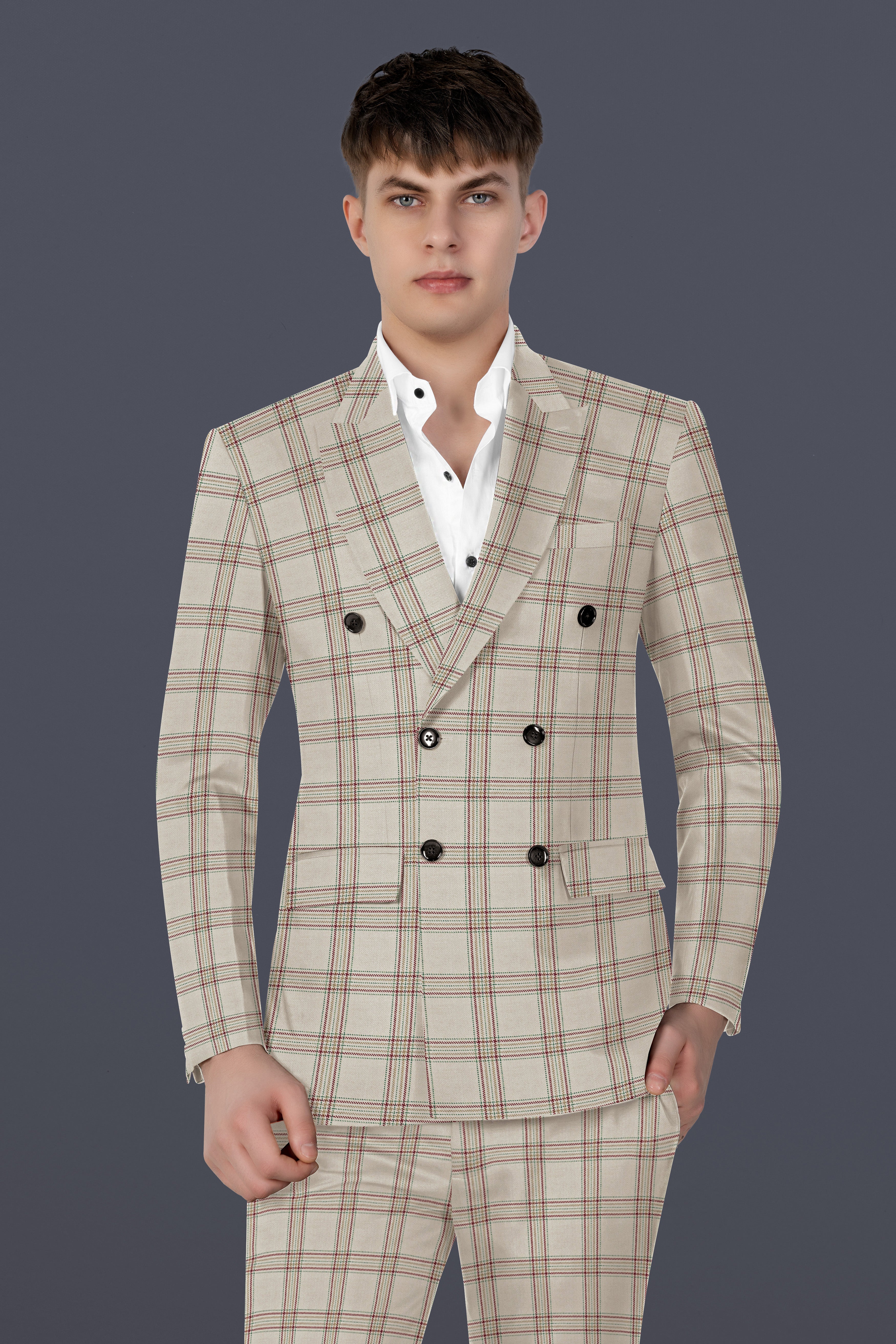 Swirl Cream with Maroon and Green windowpane Tweed Double Breasted Blazer