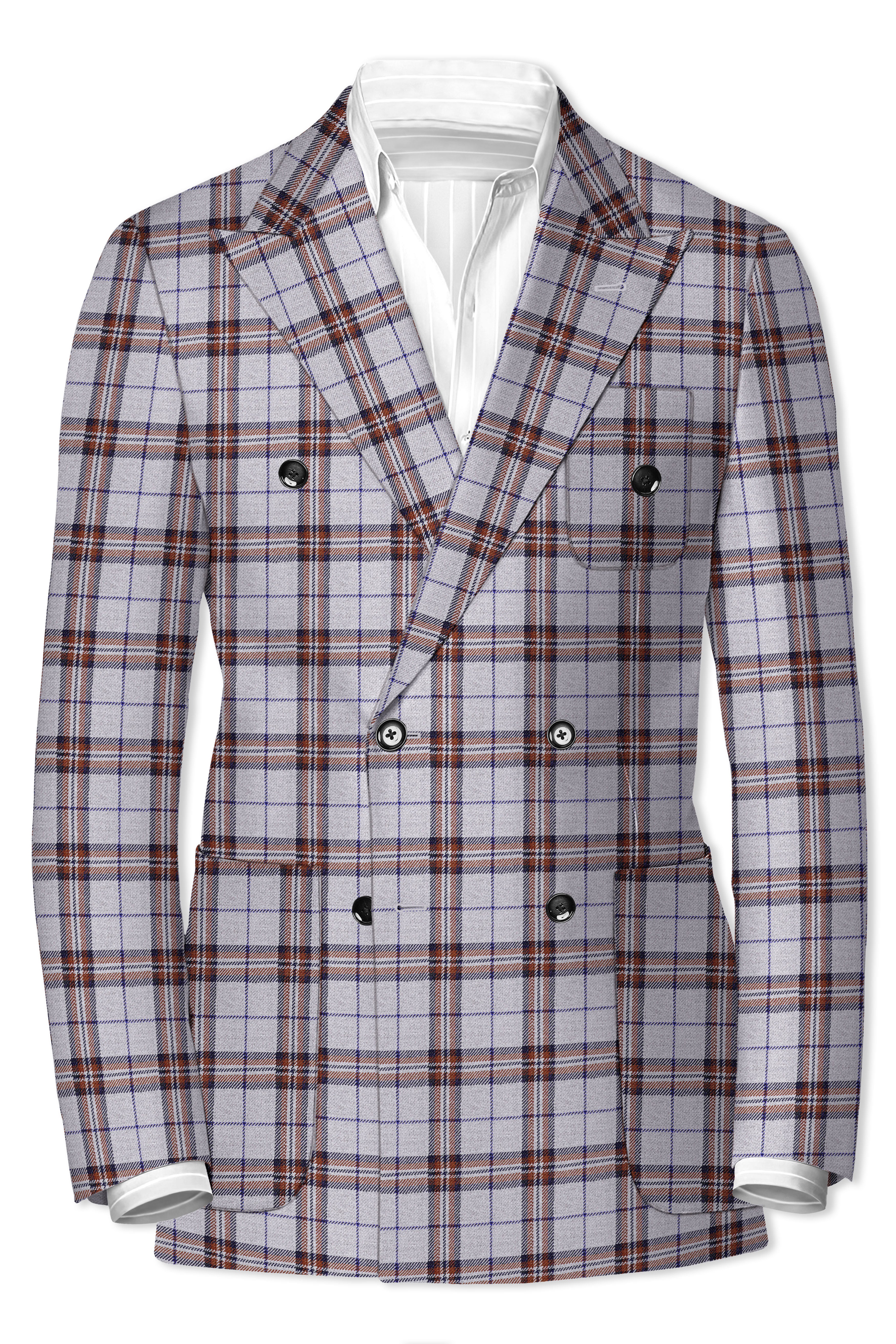 Cadet Grey with Maroon and Blue Plaid Double Breasted Tweed Blazer