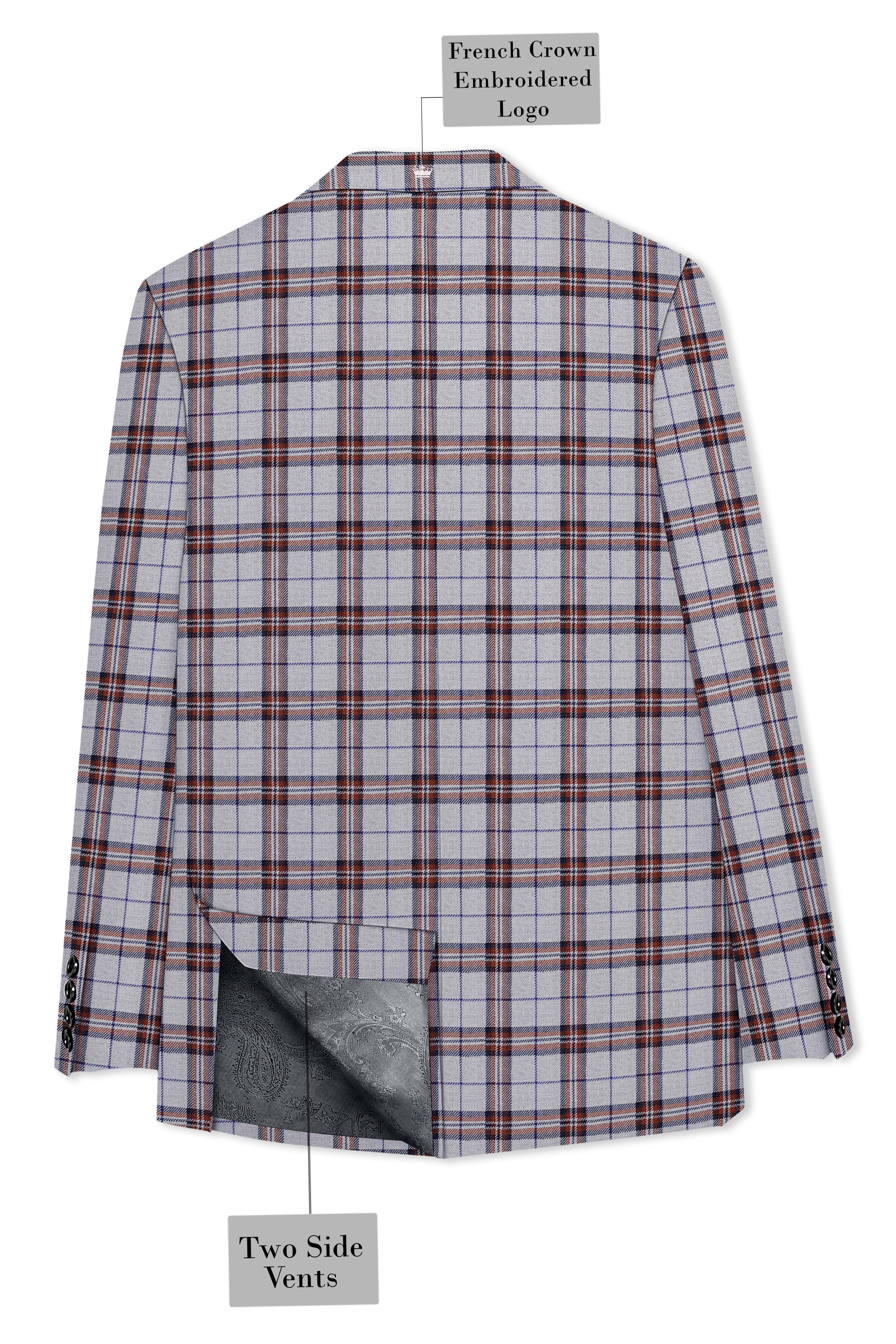 Cadet Grey with Maroon and Blue Plaid Double Breasted Tweed Blazer