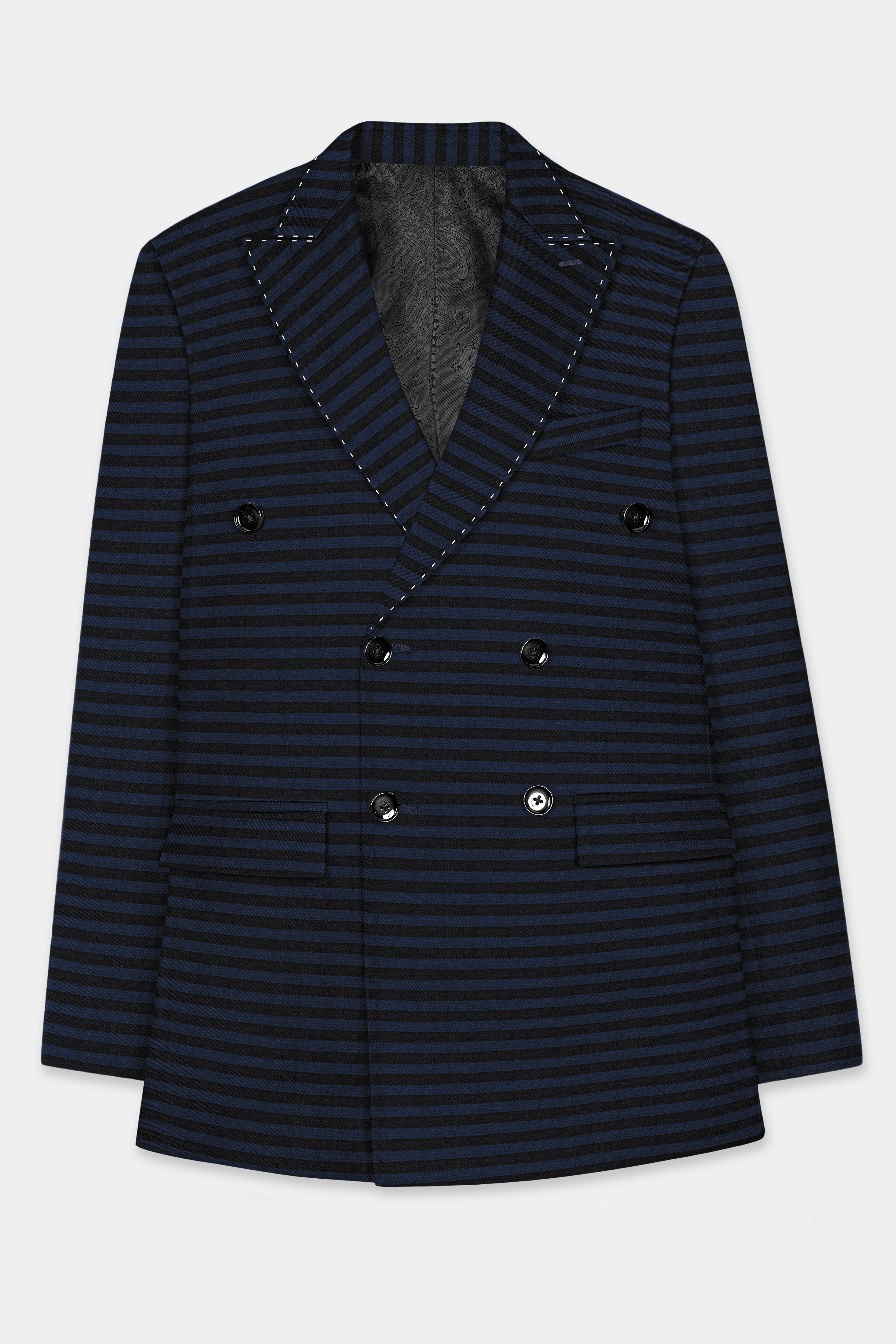 Mirage Blue and Black Horizontal Stripes Premium Wool Blend