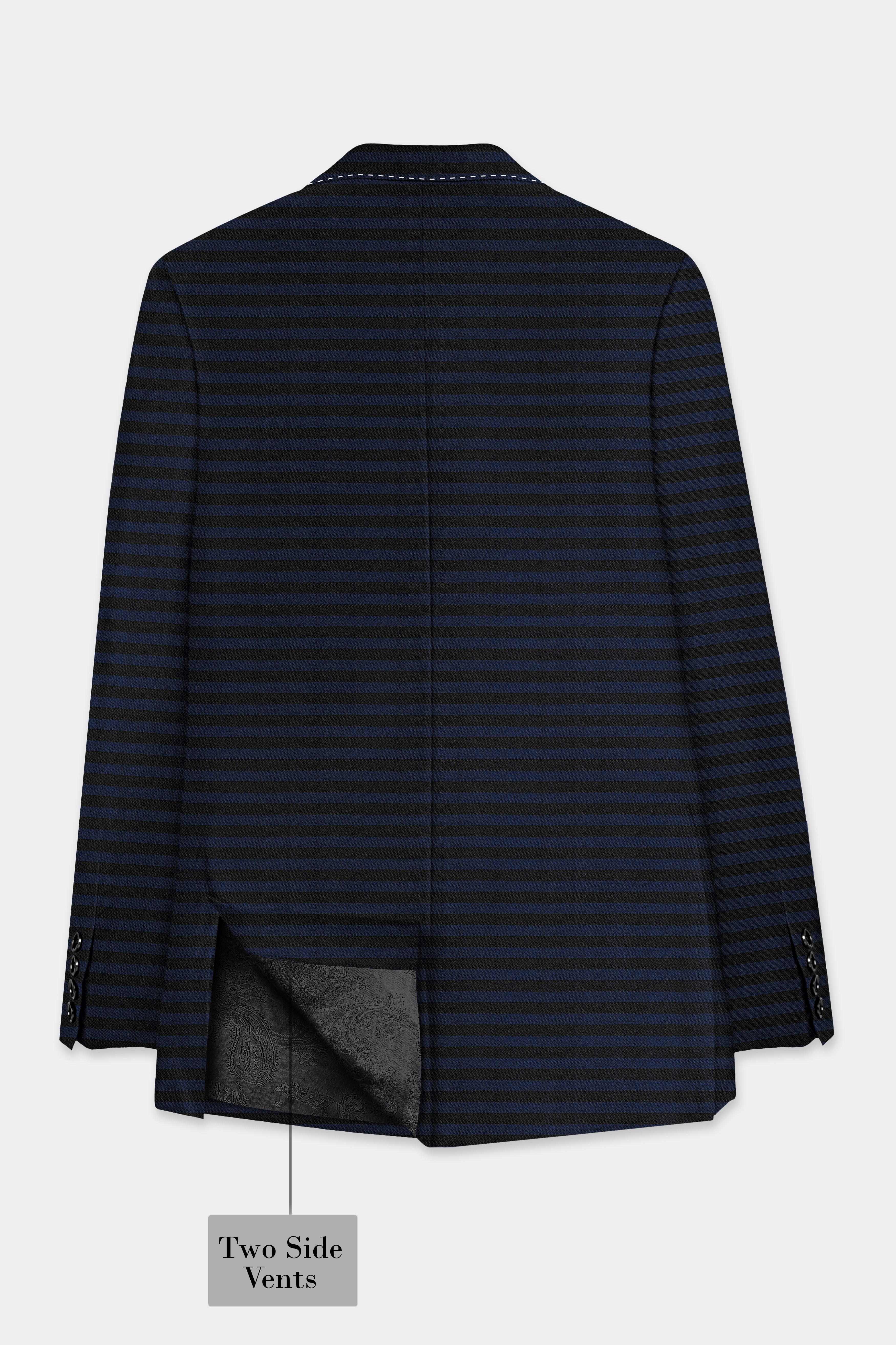 Mirage Blue and Black Horizontal Striped Wool Blend Blazer