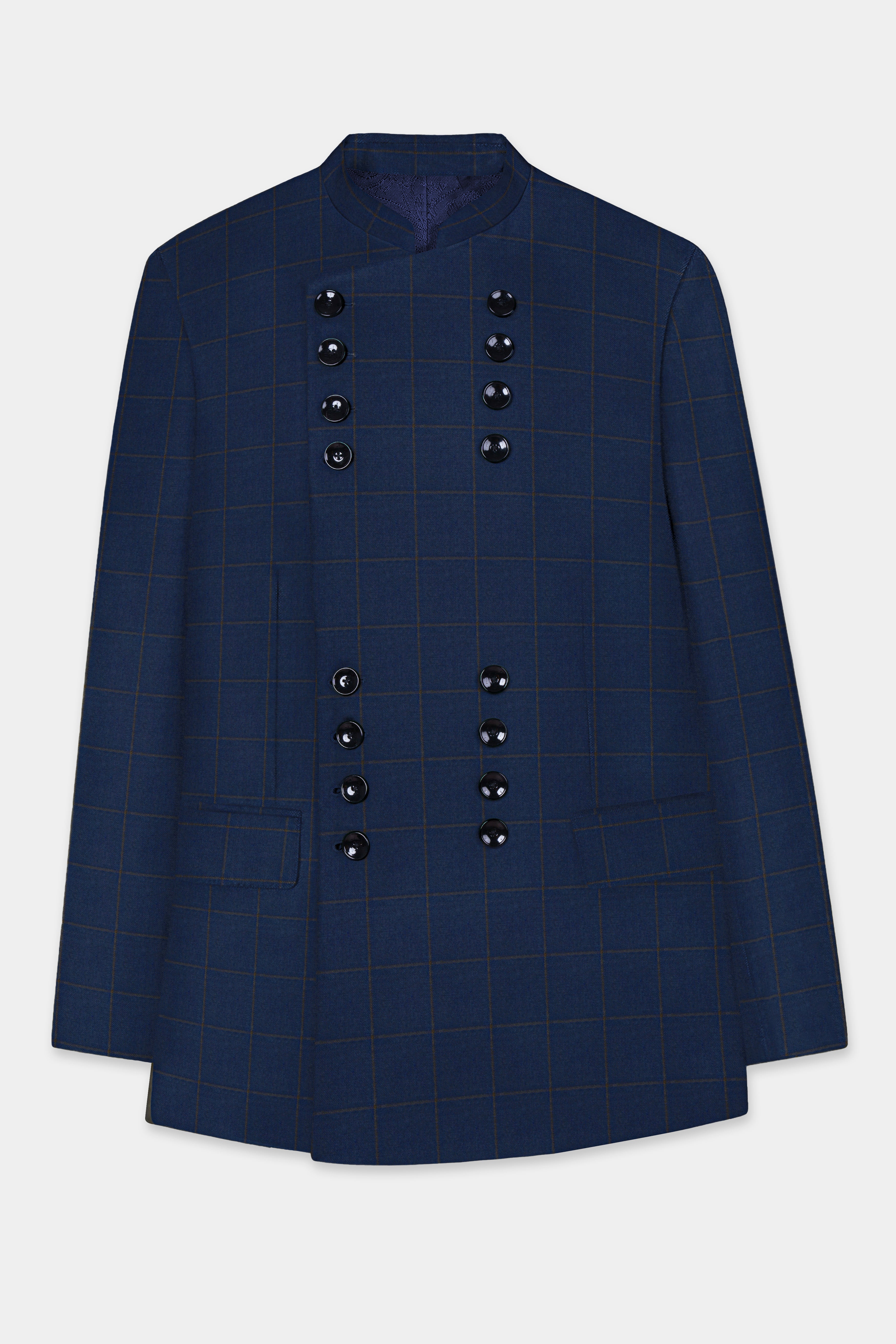 Midnight Blue Plaid Bandhgala Designer Blazer