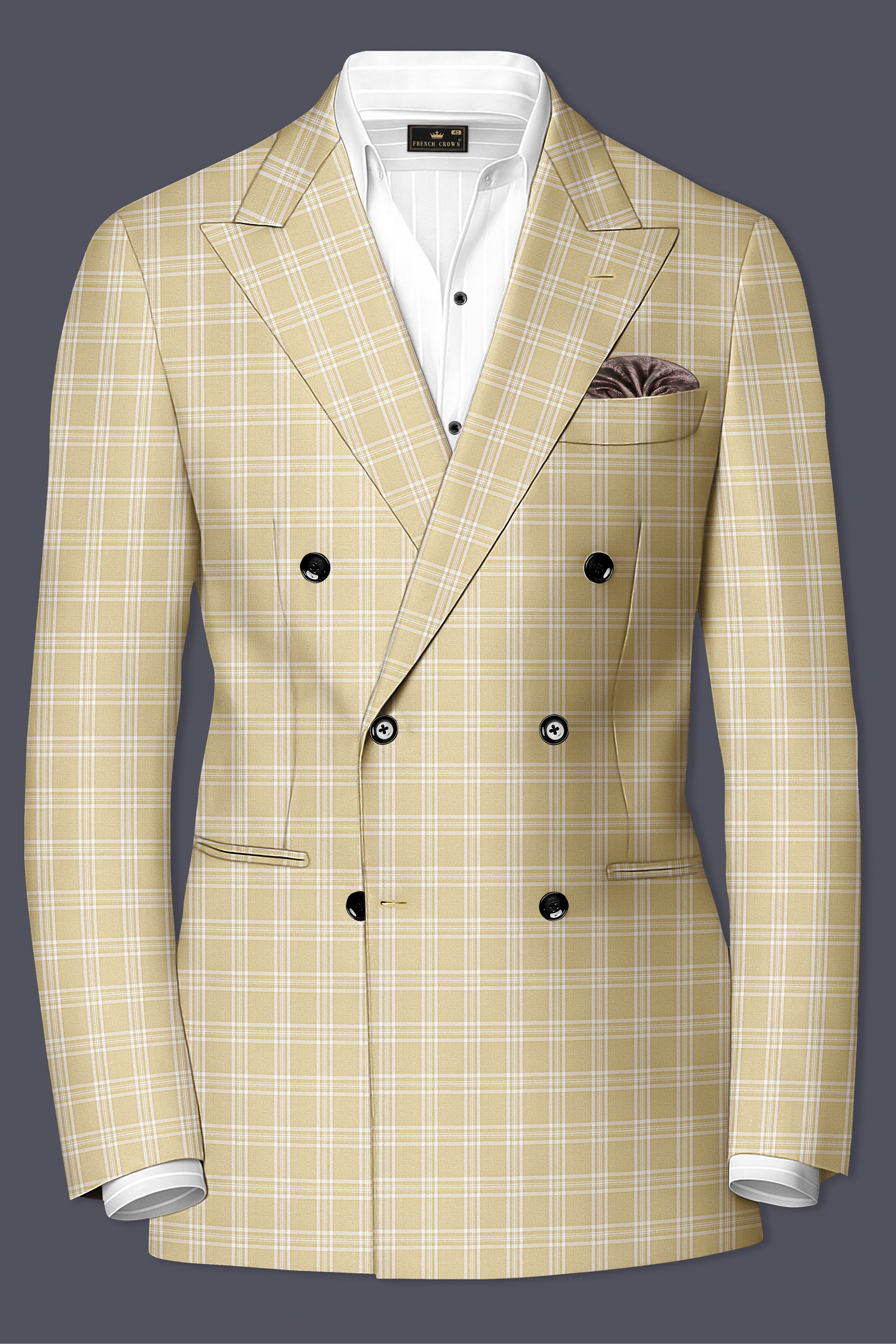 Desert Sand Cream Plaid Wool Blend Double Breasted Blazer
