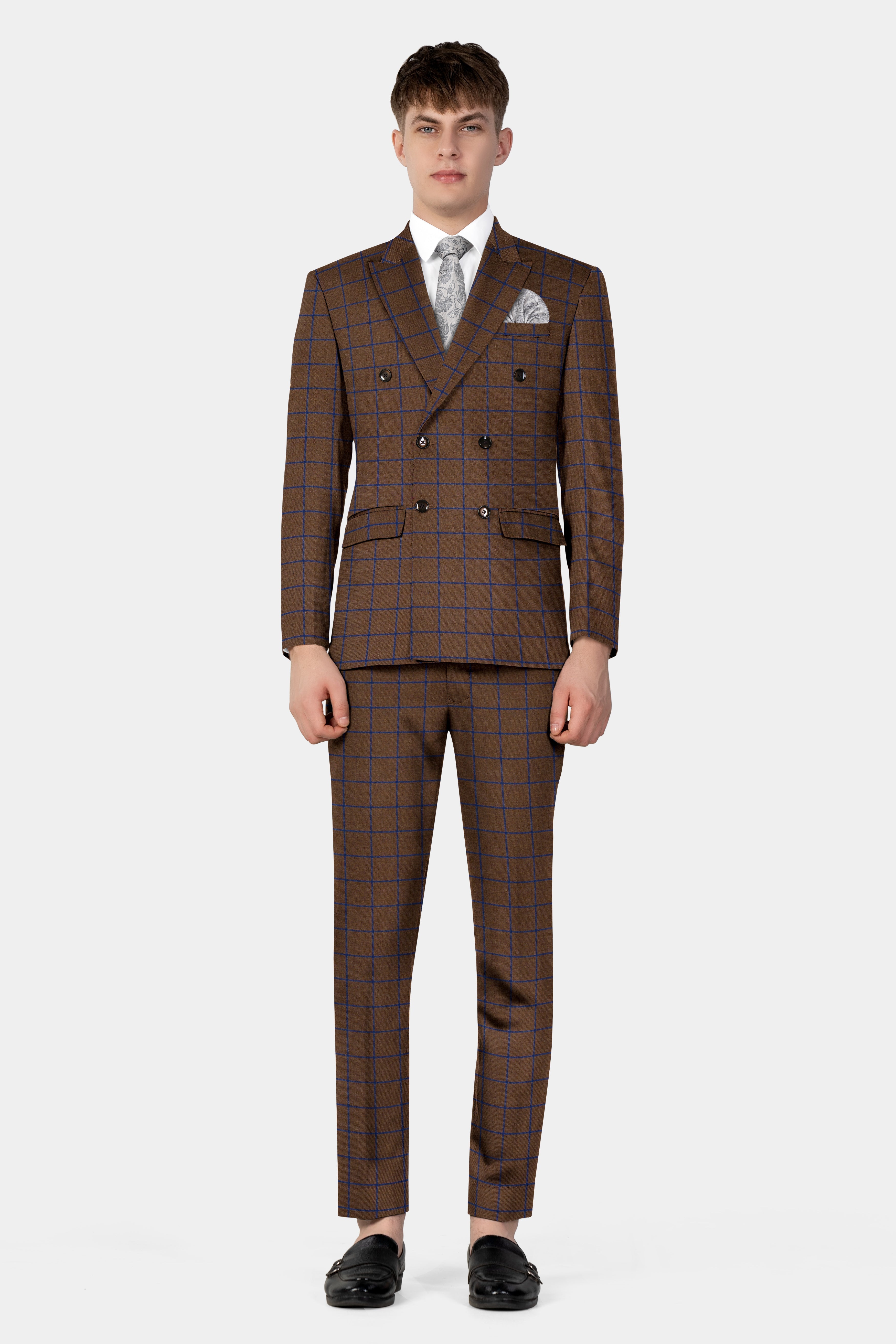 Bistre Brown with Catalina Blue Windowpane Double Breasted Tweed Blazer