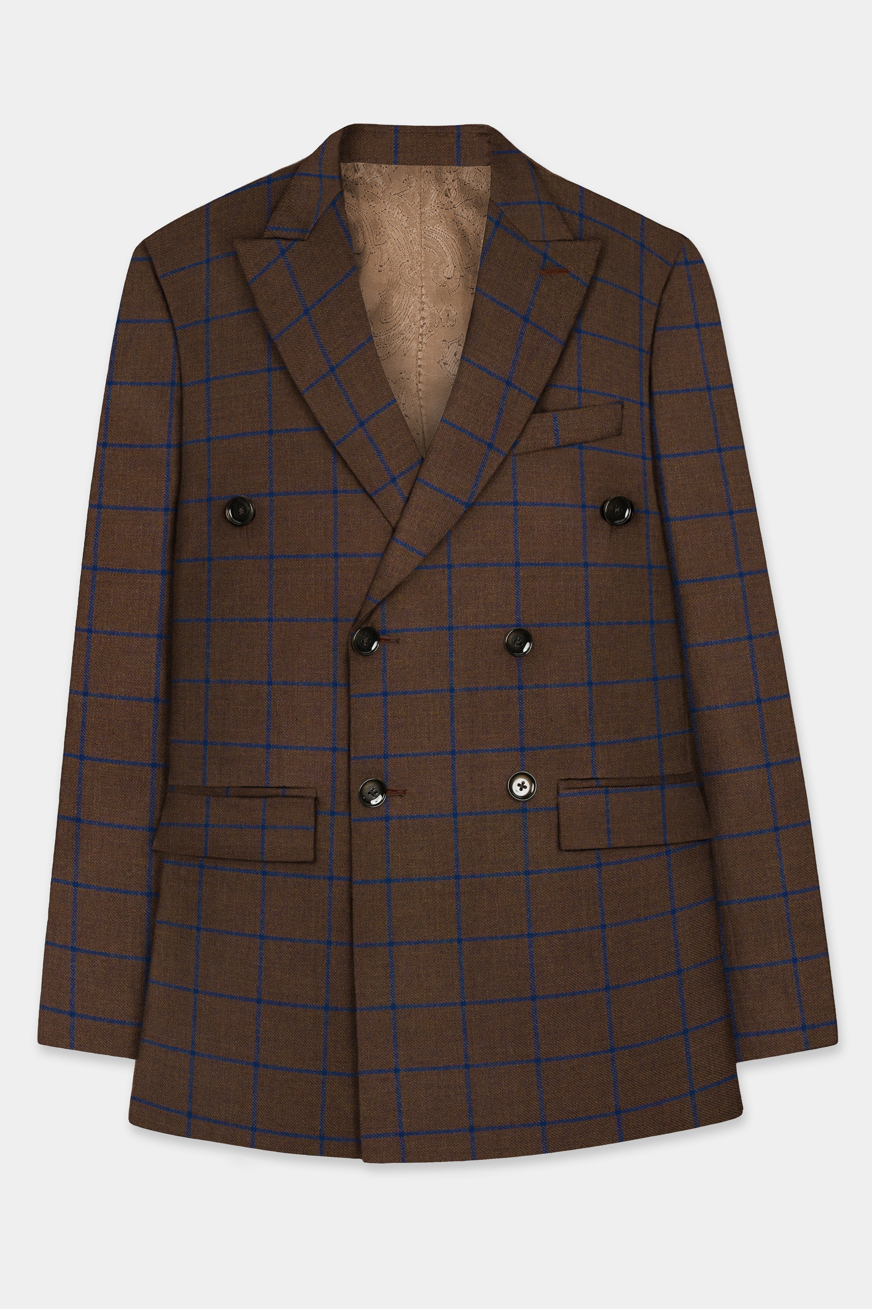 Bistre Brown with Catalina Blue Windowpane Double Breasted Tweed Blazer