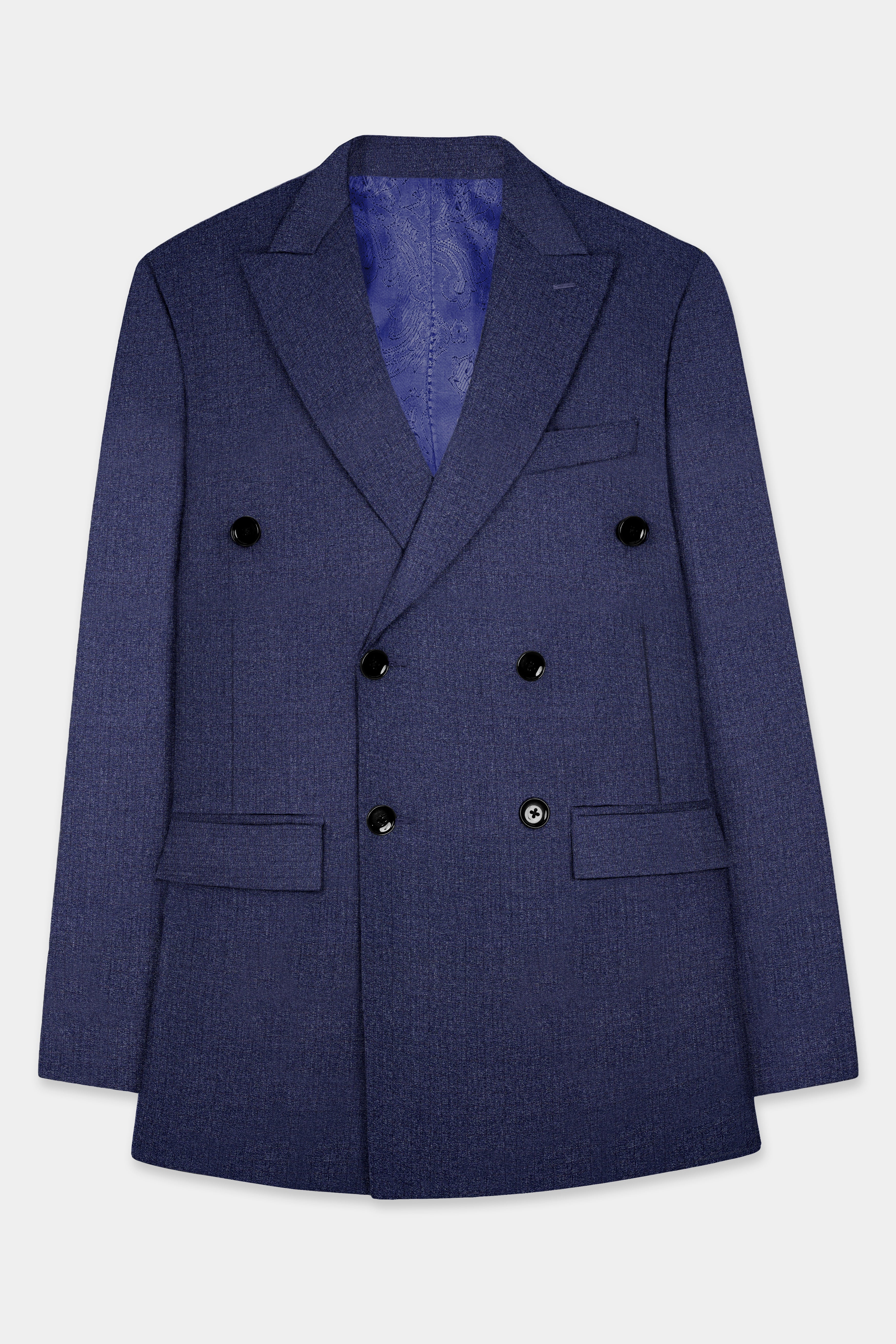 Ebony Clay Blue Textured Wool Blend Double Breasted Blazer