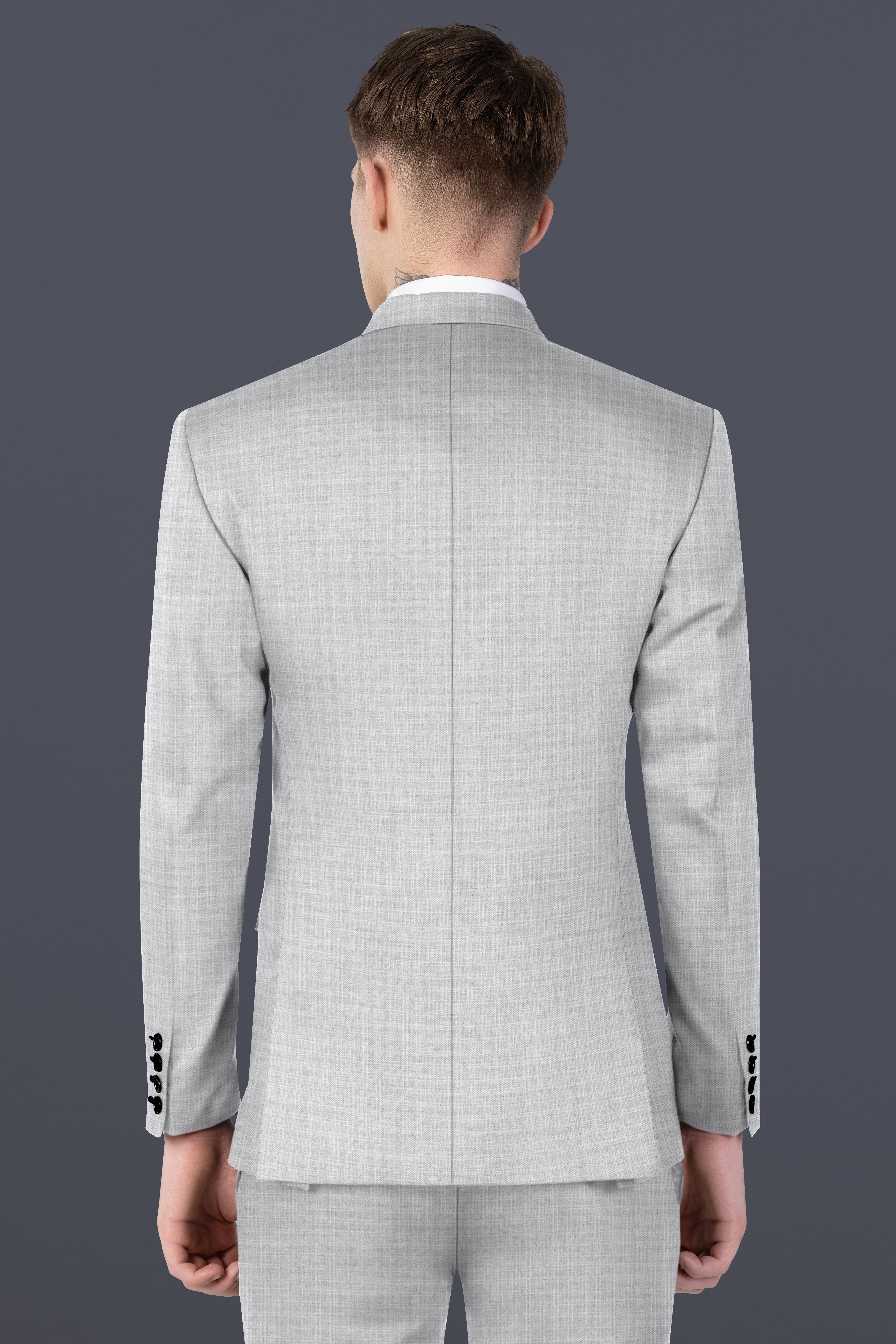 Pastel Gray Textured Wool Blend Double Breasted Blazer