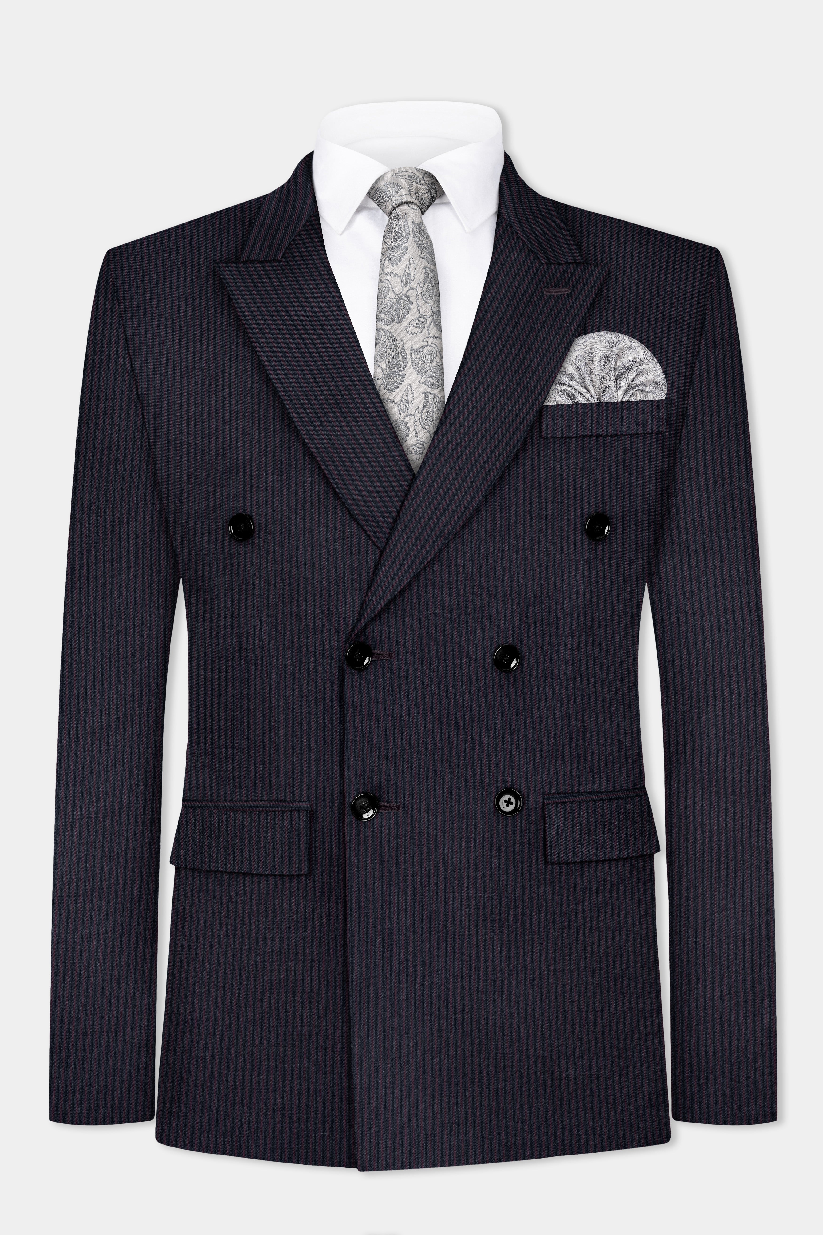 Ebony Clay Blue with Wine Berry Striped Wool Blend Double Breasted Blazer