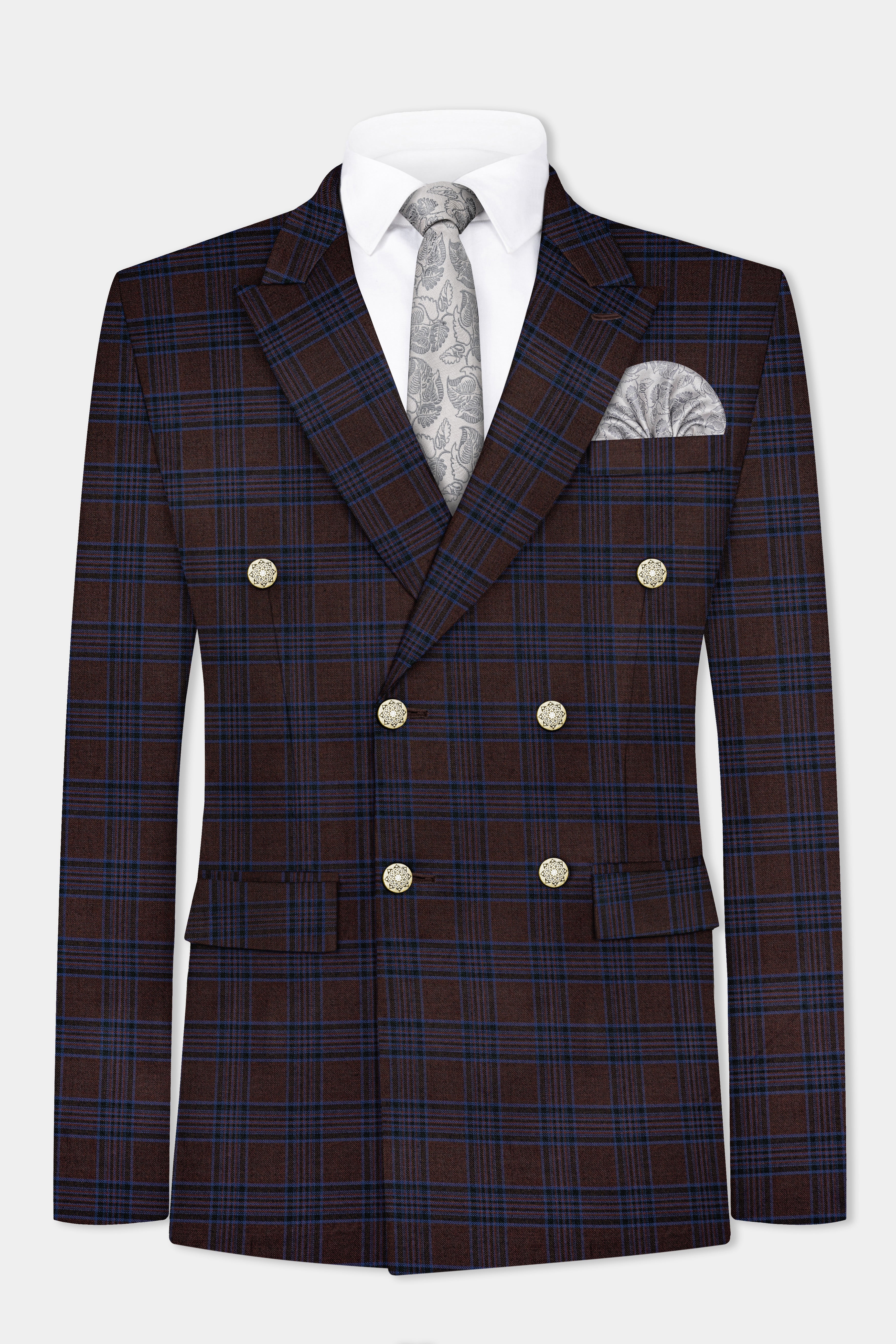 Bistre Brown with Nile Blue Plaid Wool Blend Double Breasted Blazer