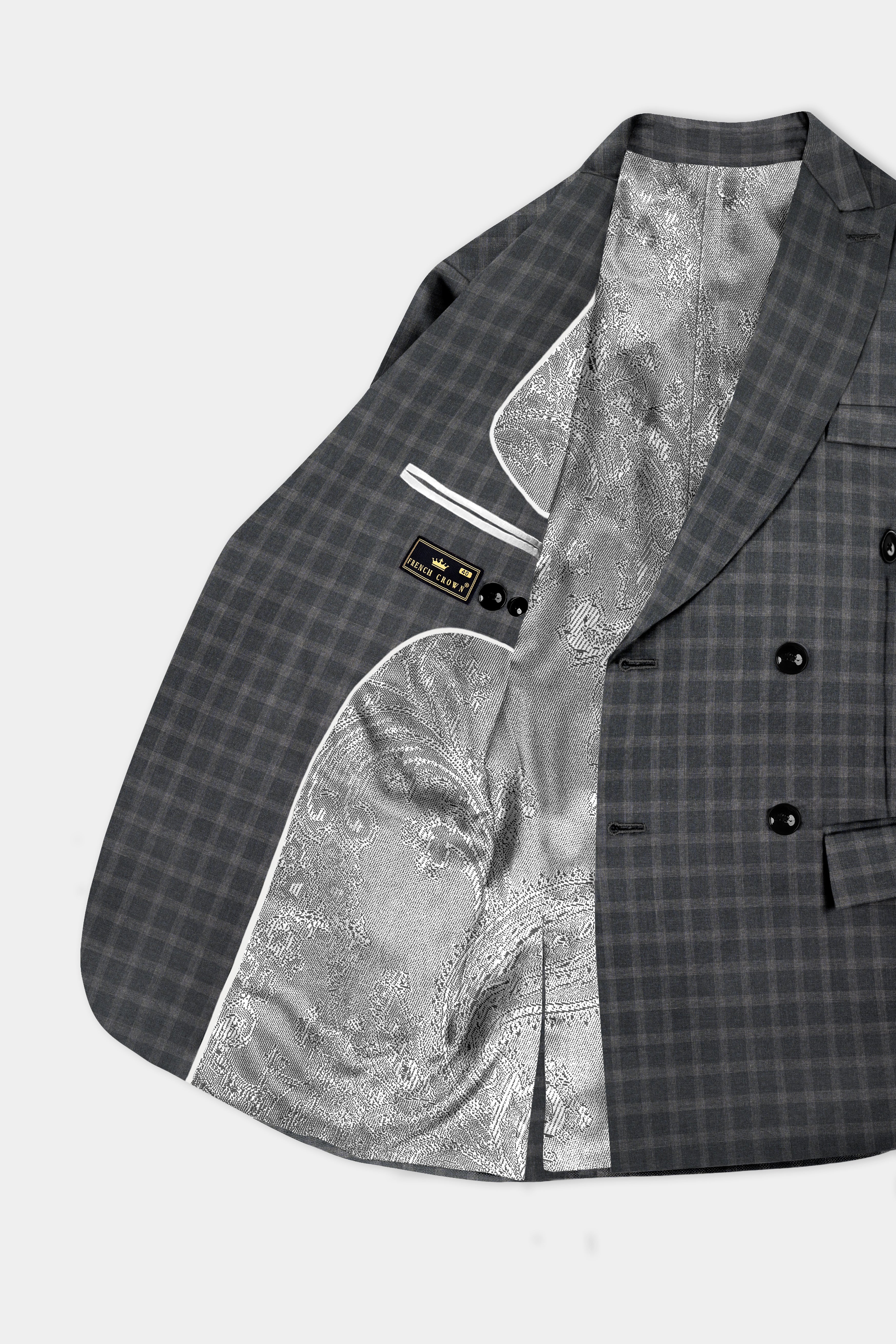 Gravel Gray Checkered Wool Blend Double Breasted Blazer