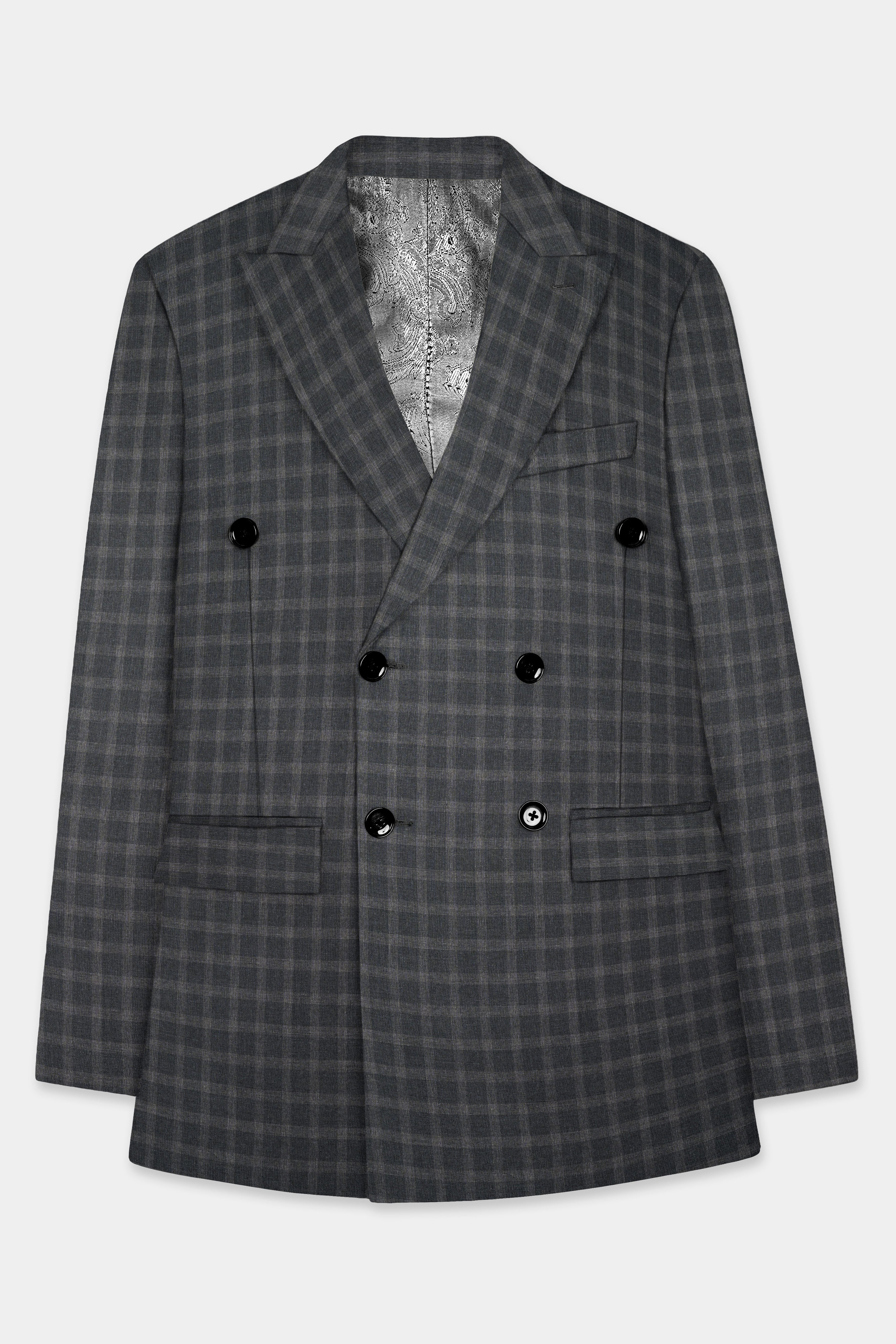 Gravel Gray Checkered Wool Blend Double Breasted Blazer