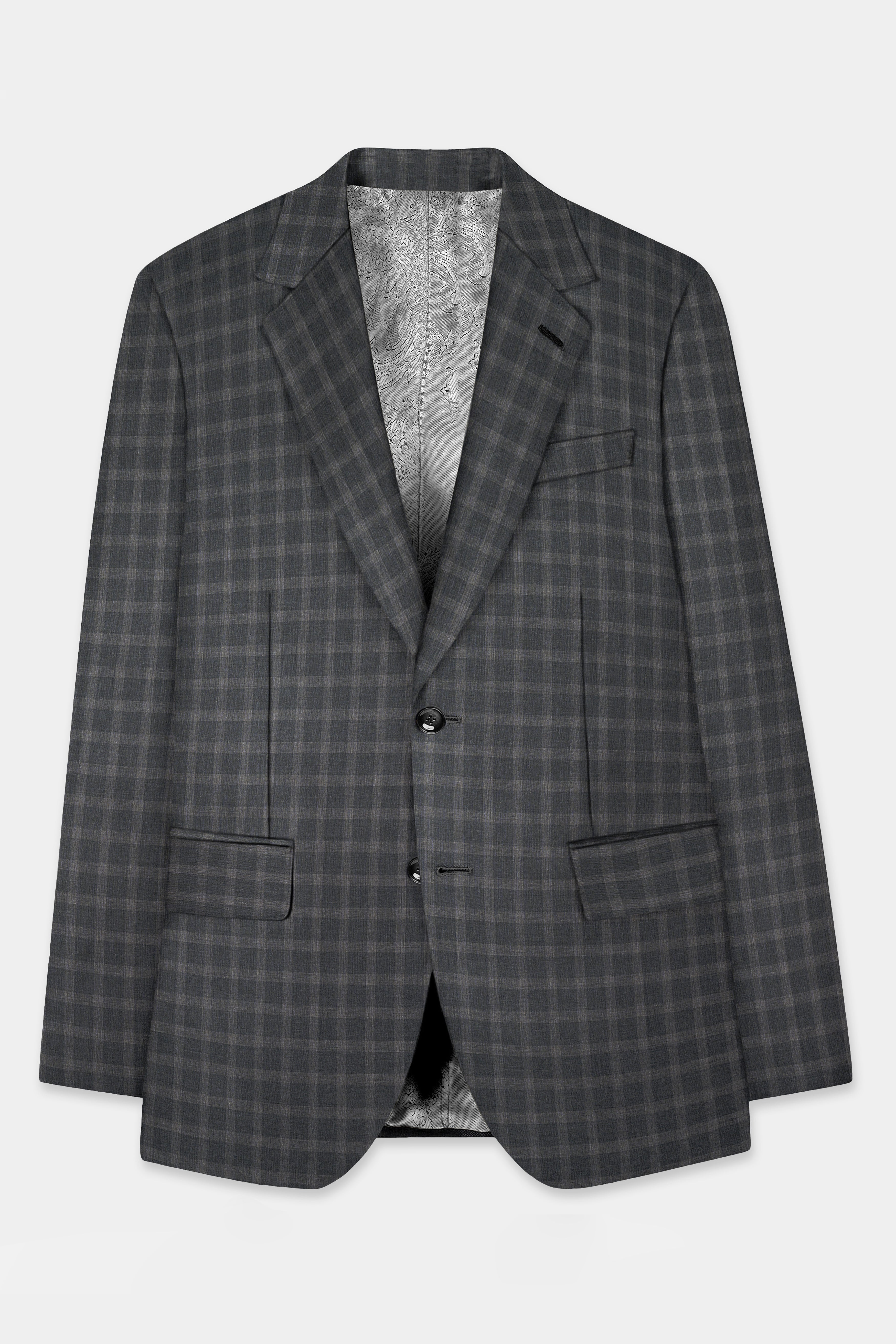 Gravel Gray Checkered Wool Blend Single Breasted Blazer