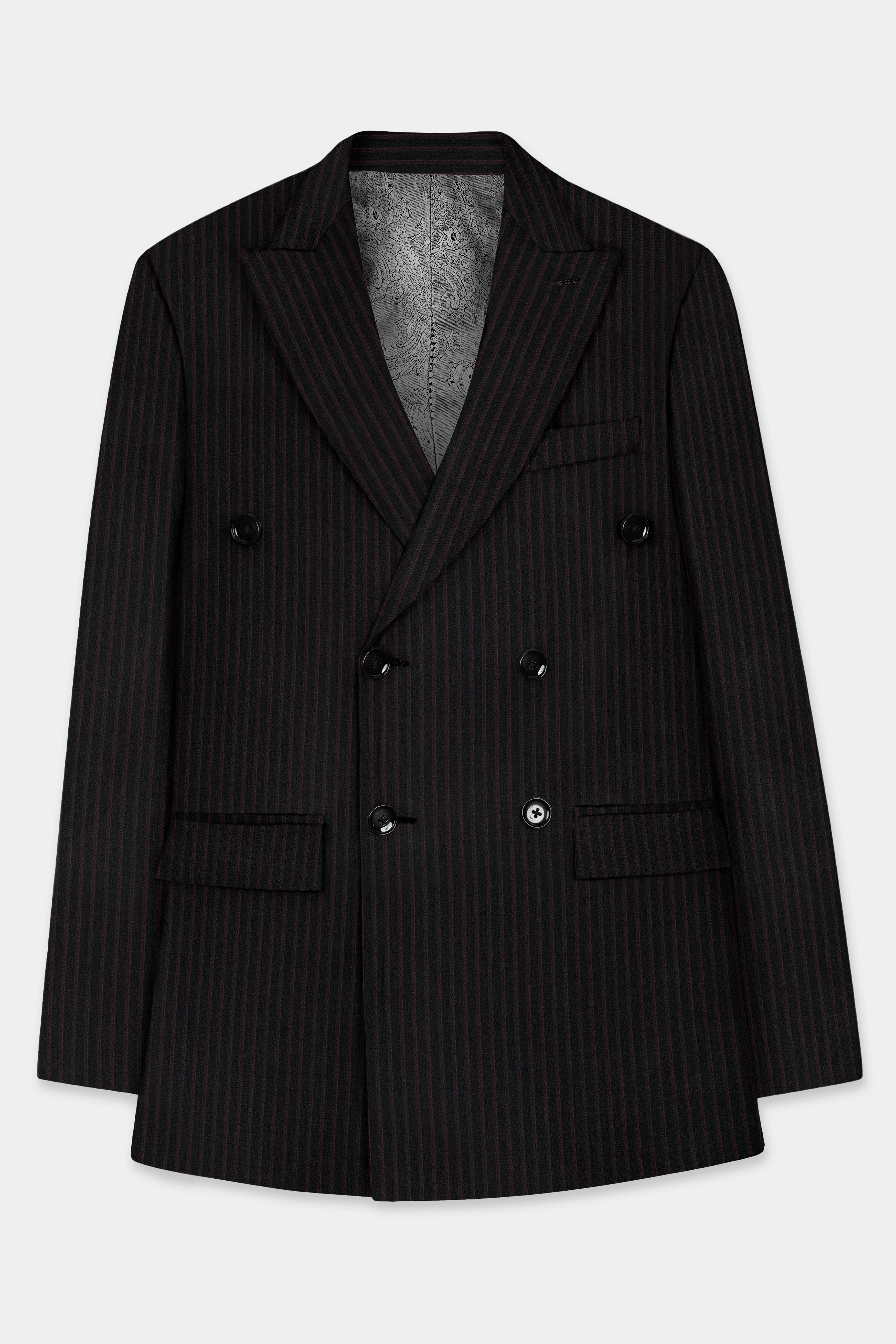 Jade Black With Iridium maroon Striped Wool Blend Double Breasted Blazer