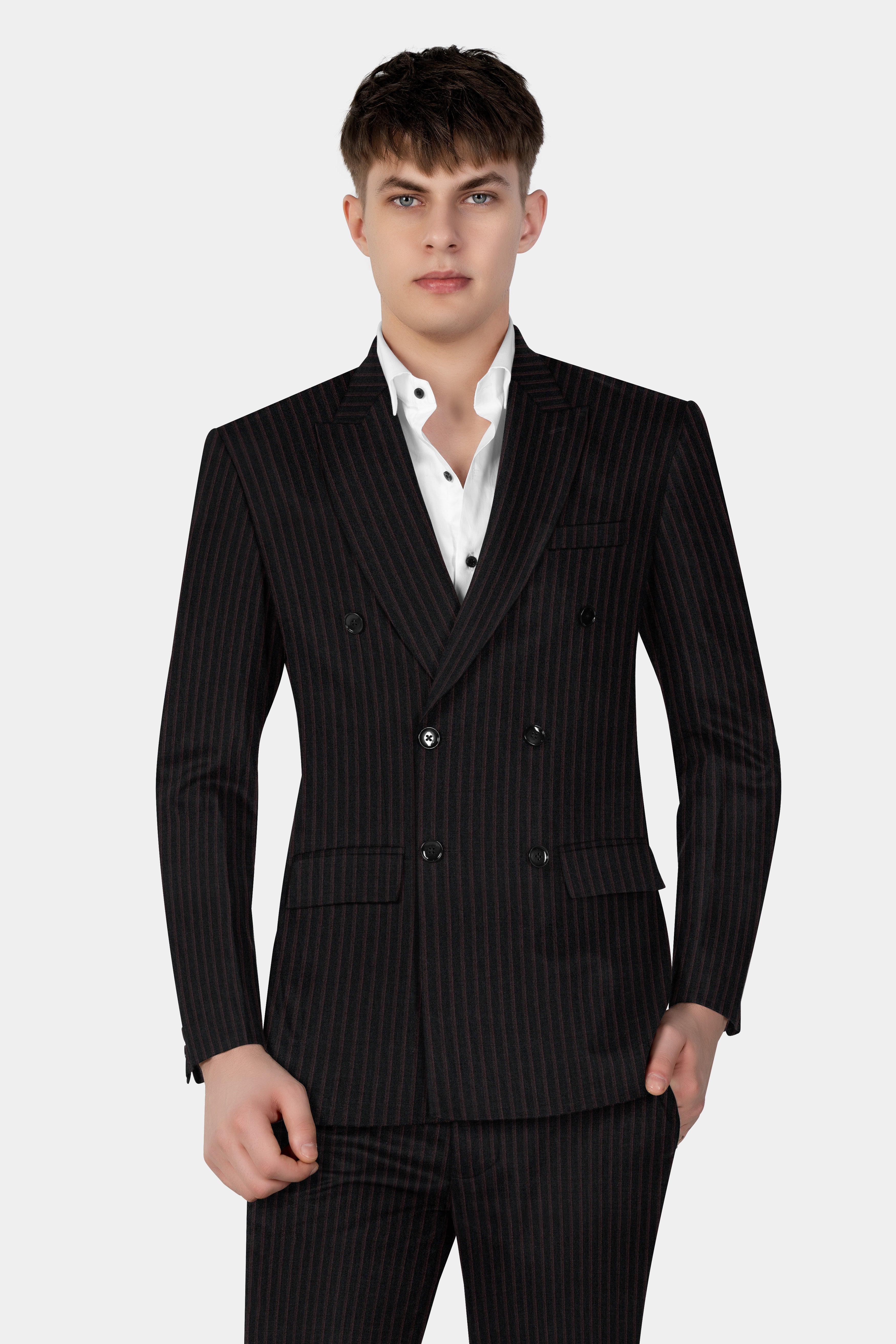 Jade Black With Iridium maroon Striped Wool Blend Double Breasted Blazer