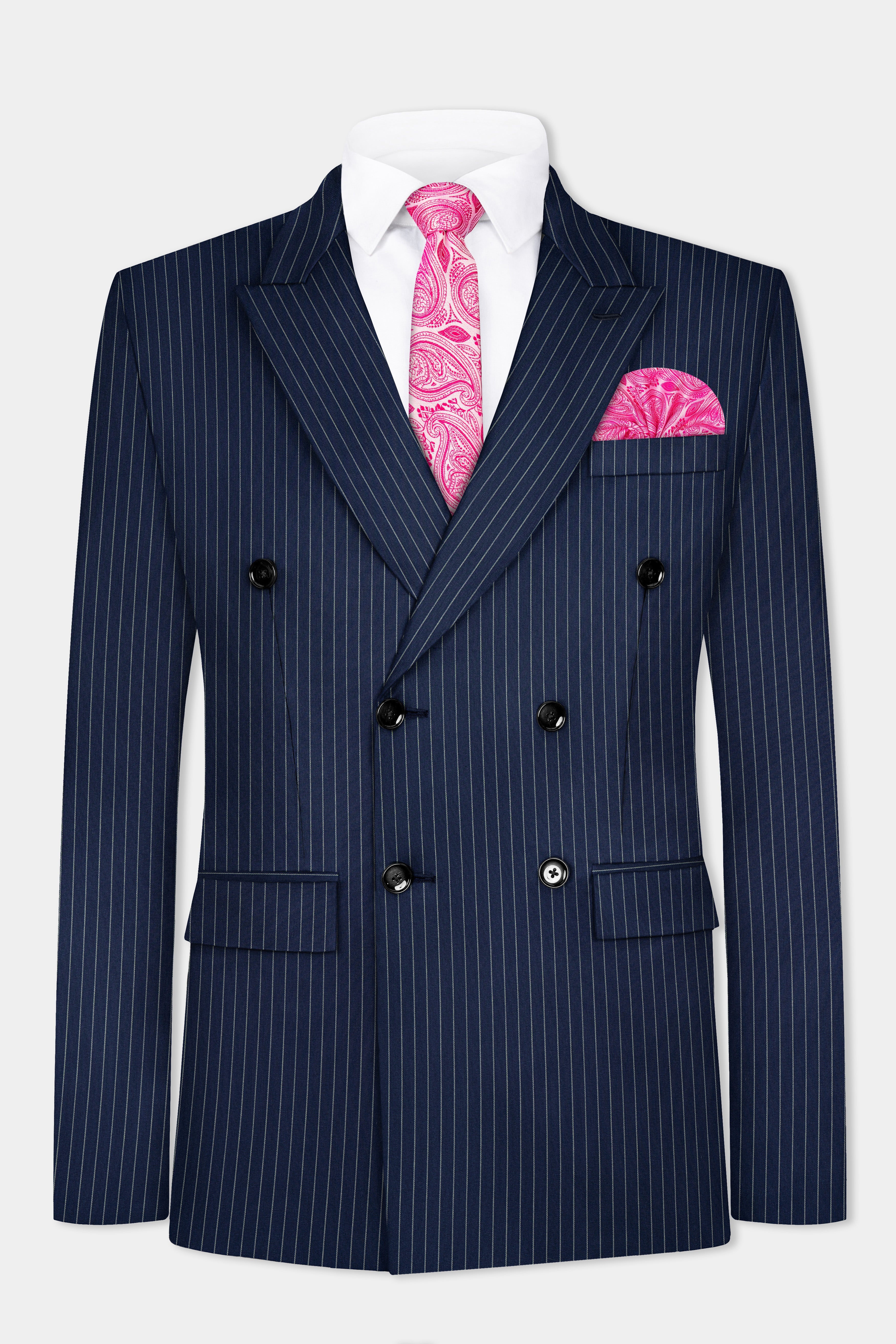 Vulcan Blue Striped Wool Blend Double Breasted Blazer