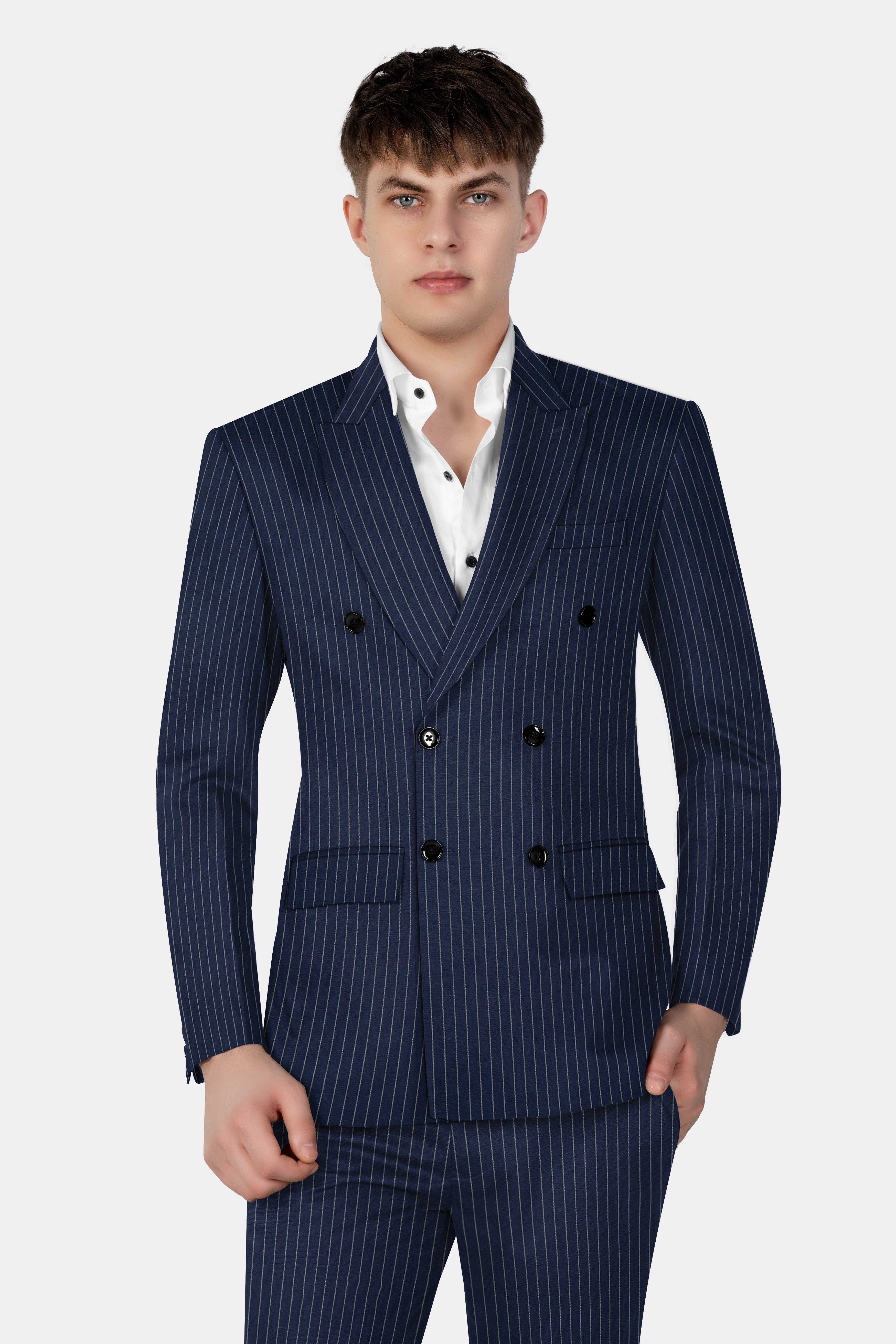 Vulcan Blue Striped Wool Blend Double Breasted Blazer