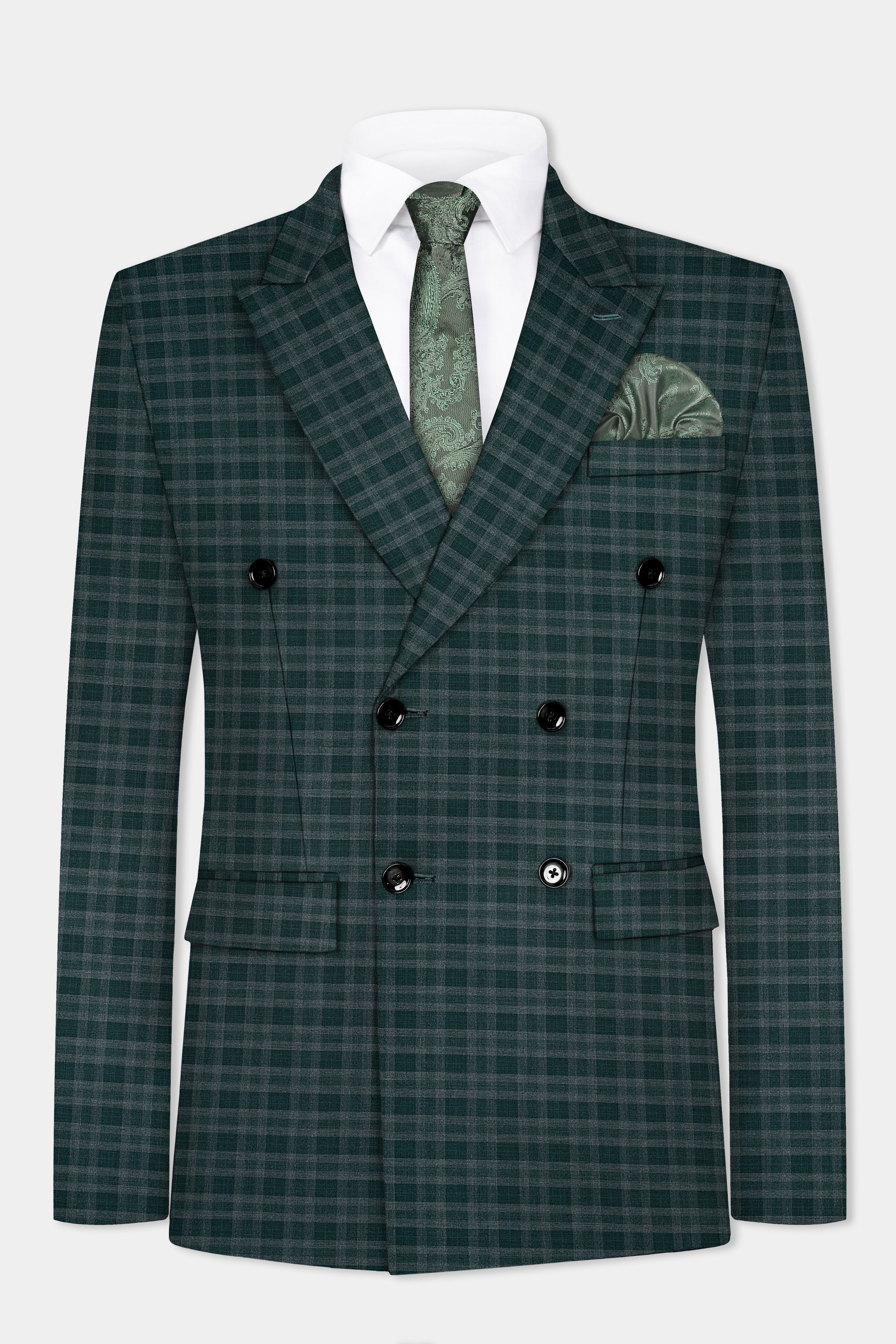 Firefly Green Plaid Wool Blend Double Breasted Blazer