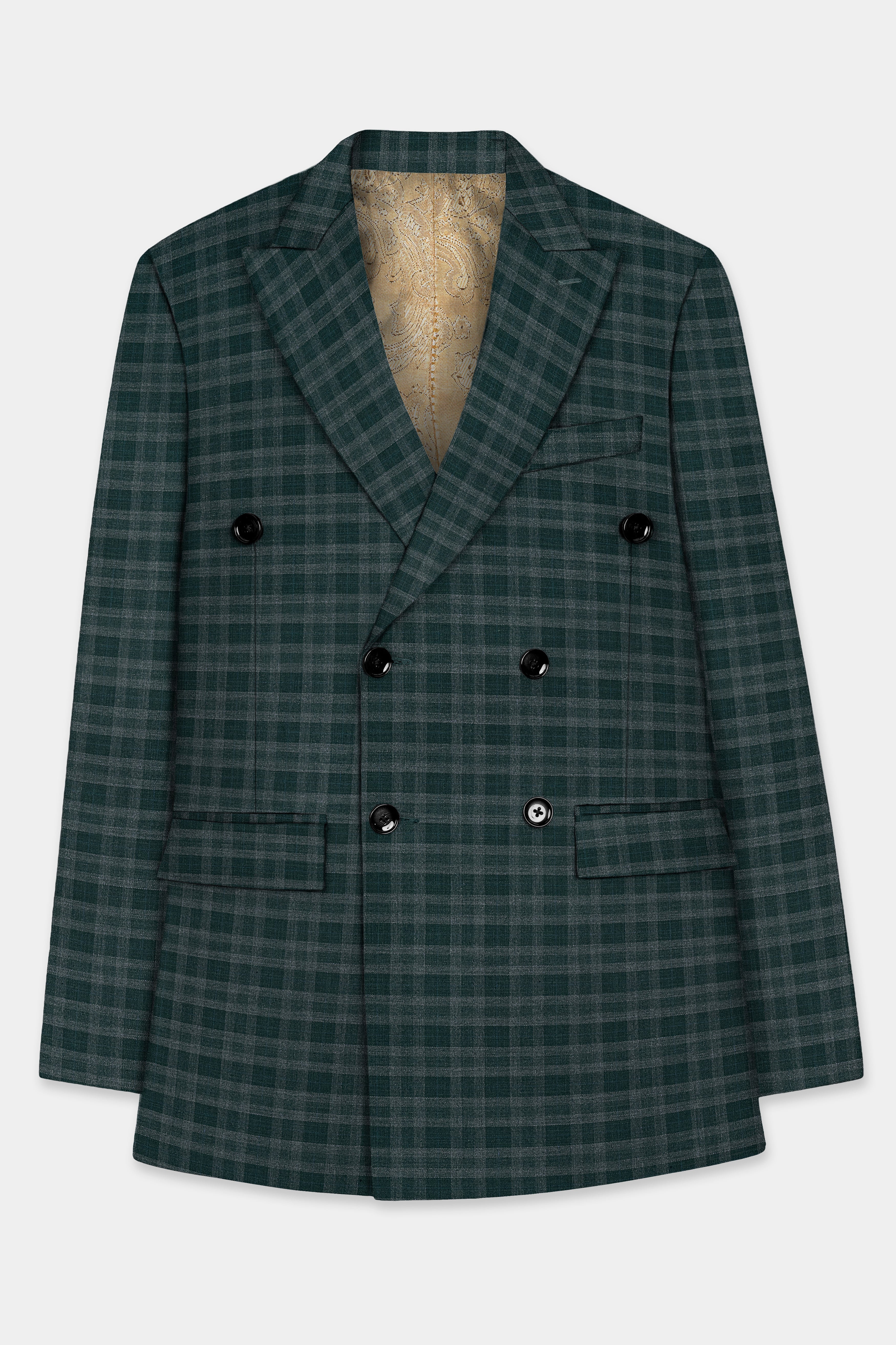 Firefly Green Plaid Wool Blend Double Breasted Blazer