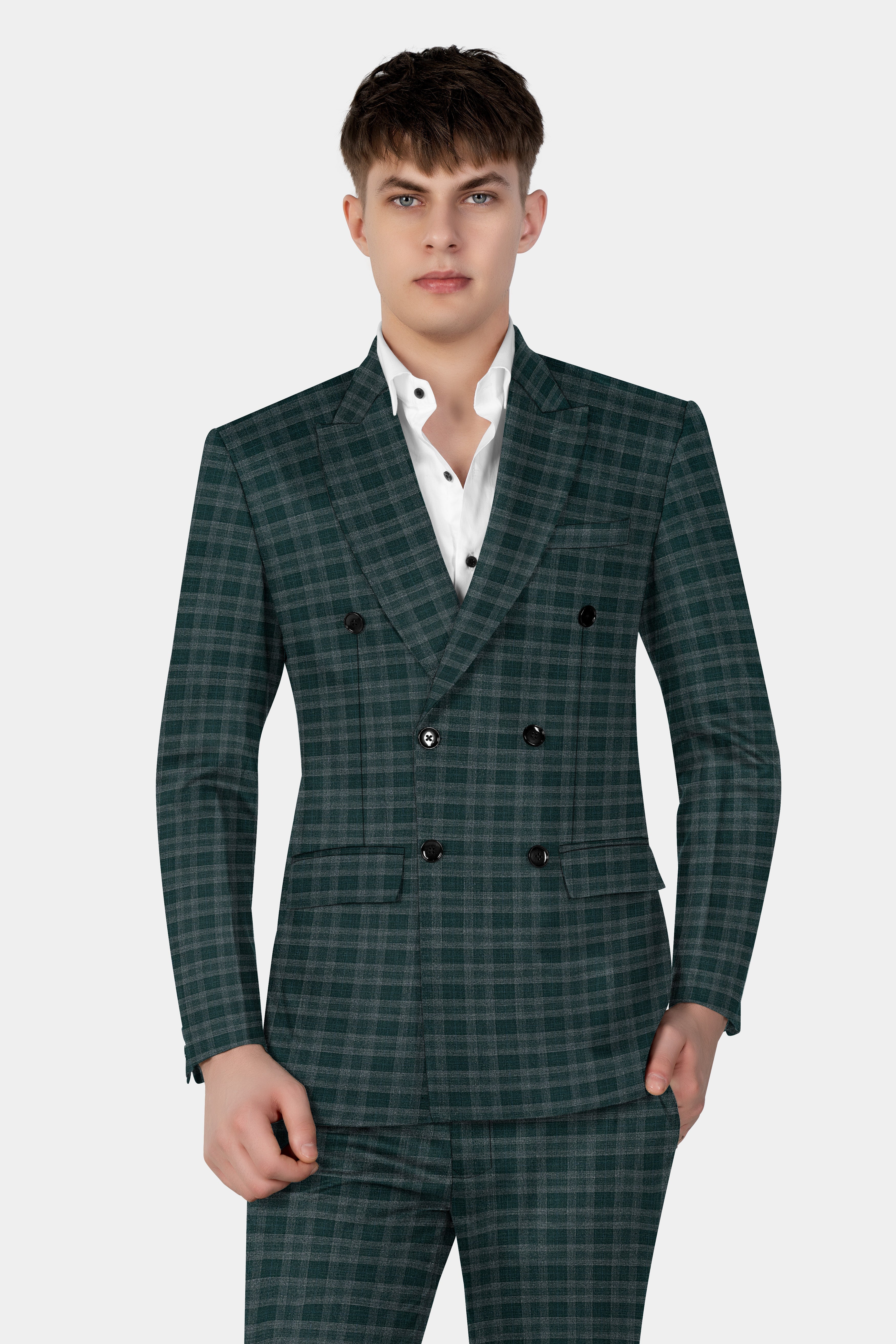 Firefly Green Plaid Wool Blend Double Breasted Blazer