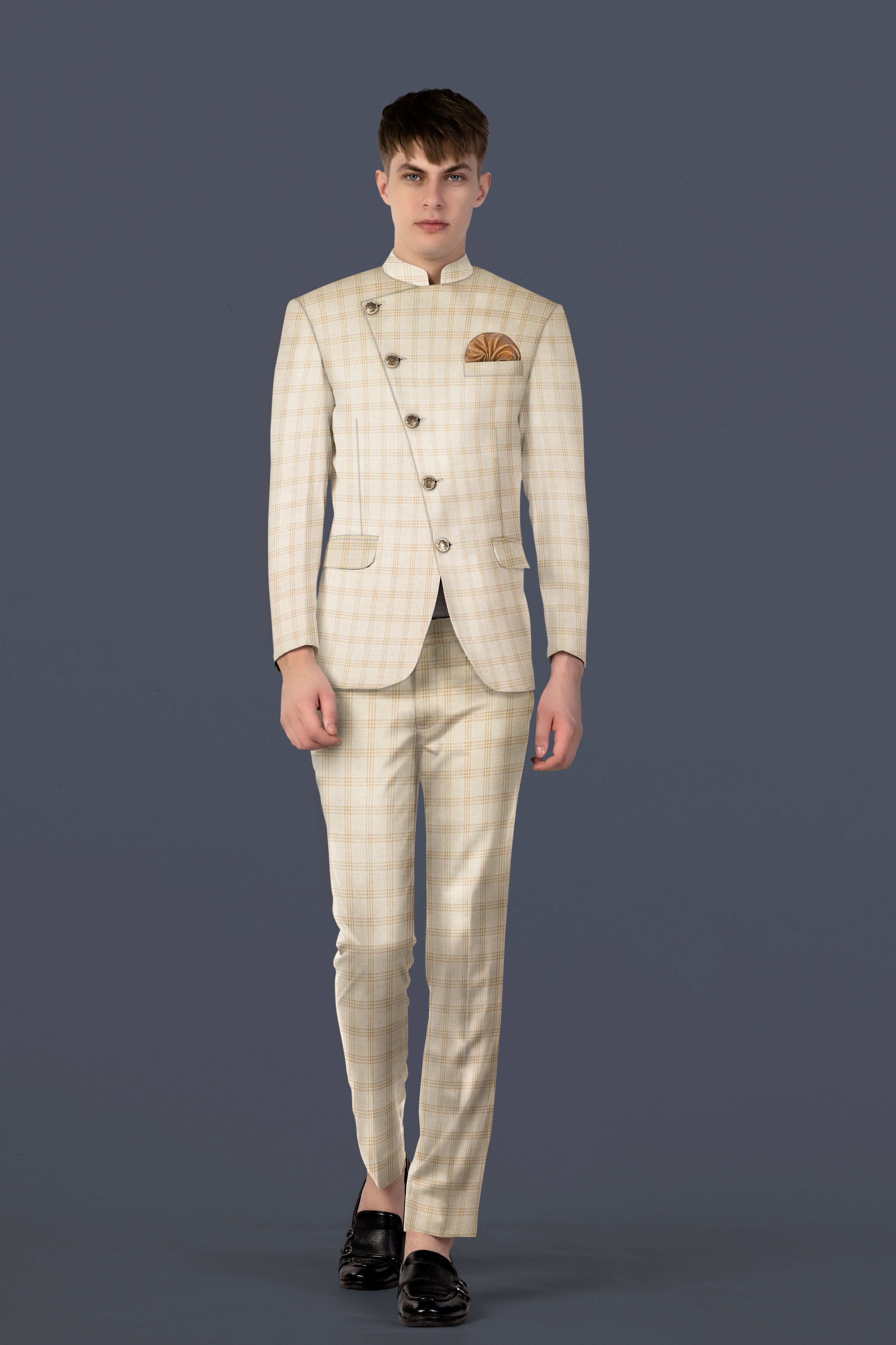 Bizarre Cream Windowpane Cross Placket Bandhgala Blazer