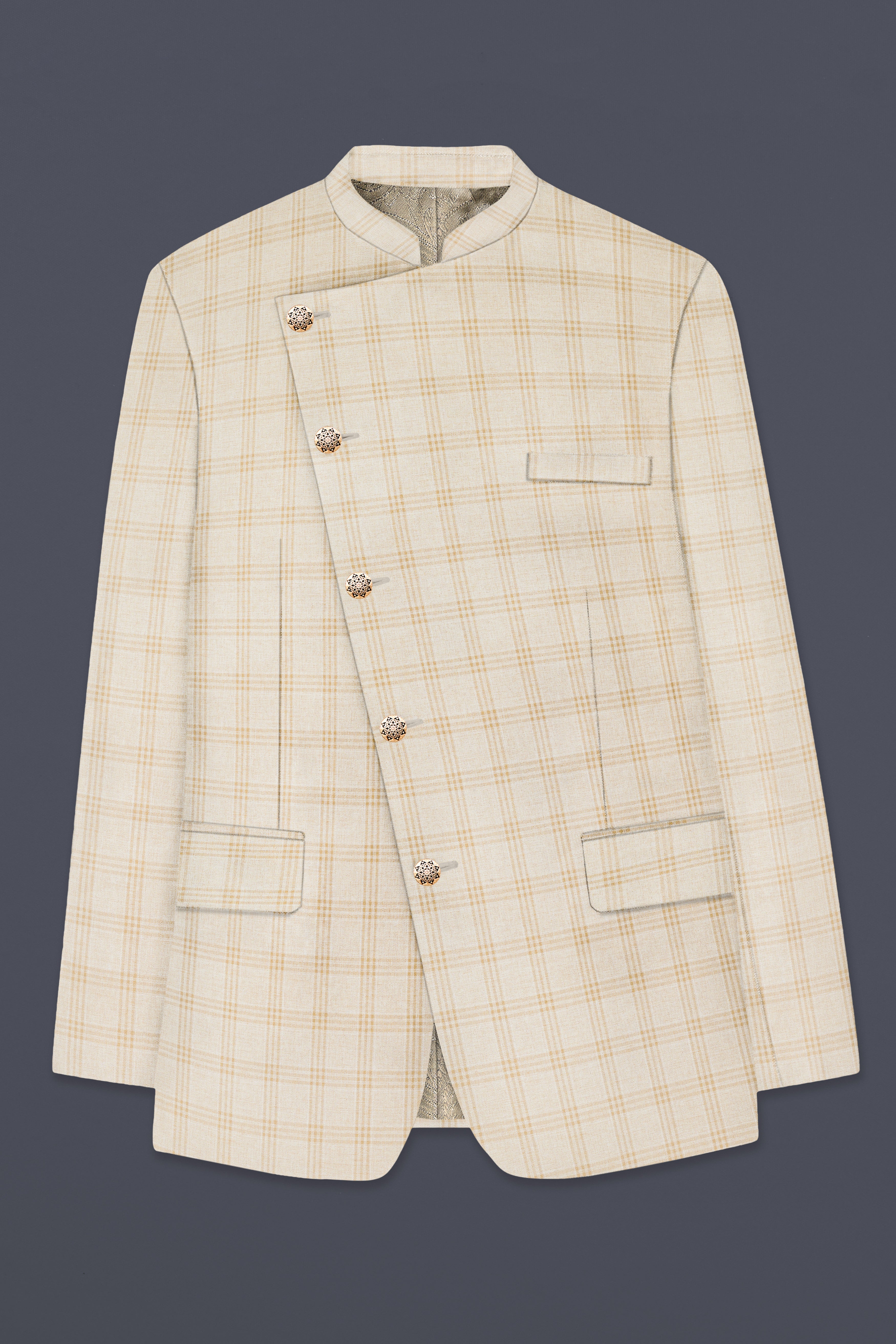 Bizarre Cream Windowpane Cross Placket Bandhgala Blazer