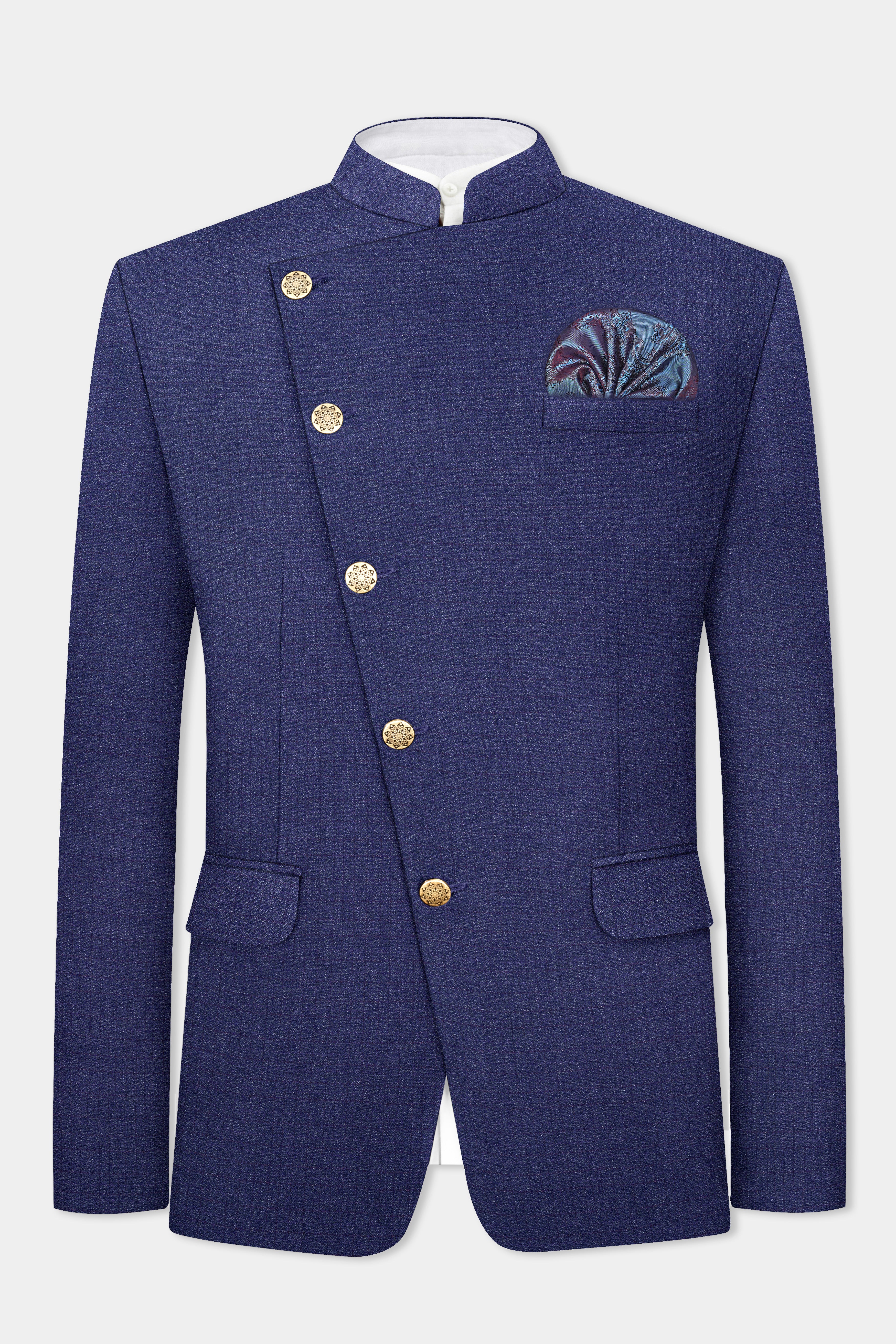 Ebony Clay Blue Textured Wool Blend Cross Placket Bandhgala Blazer