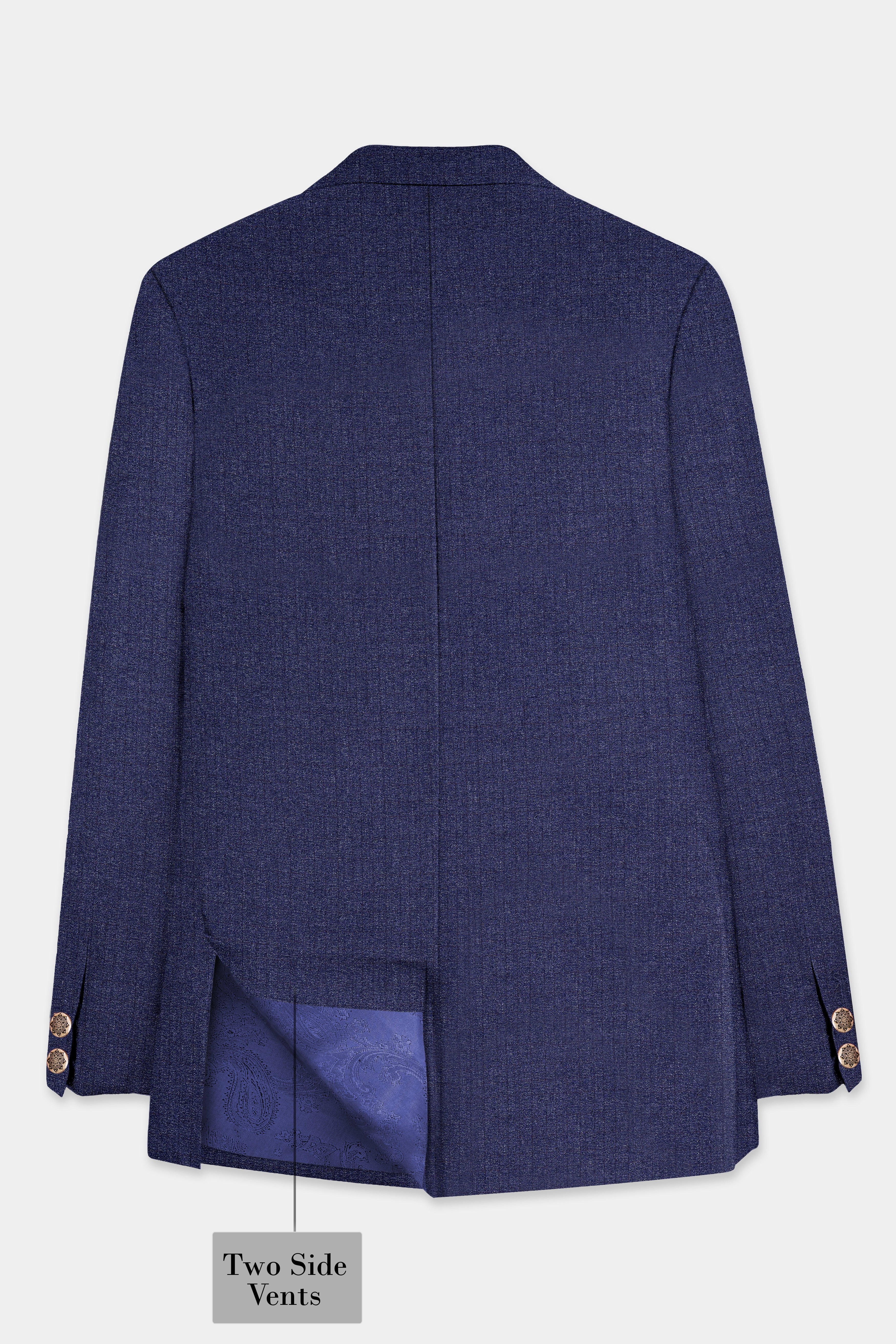 Ebony Clay Blue Textured Wool Blend Cross Placket Bandhgala Blazer