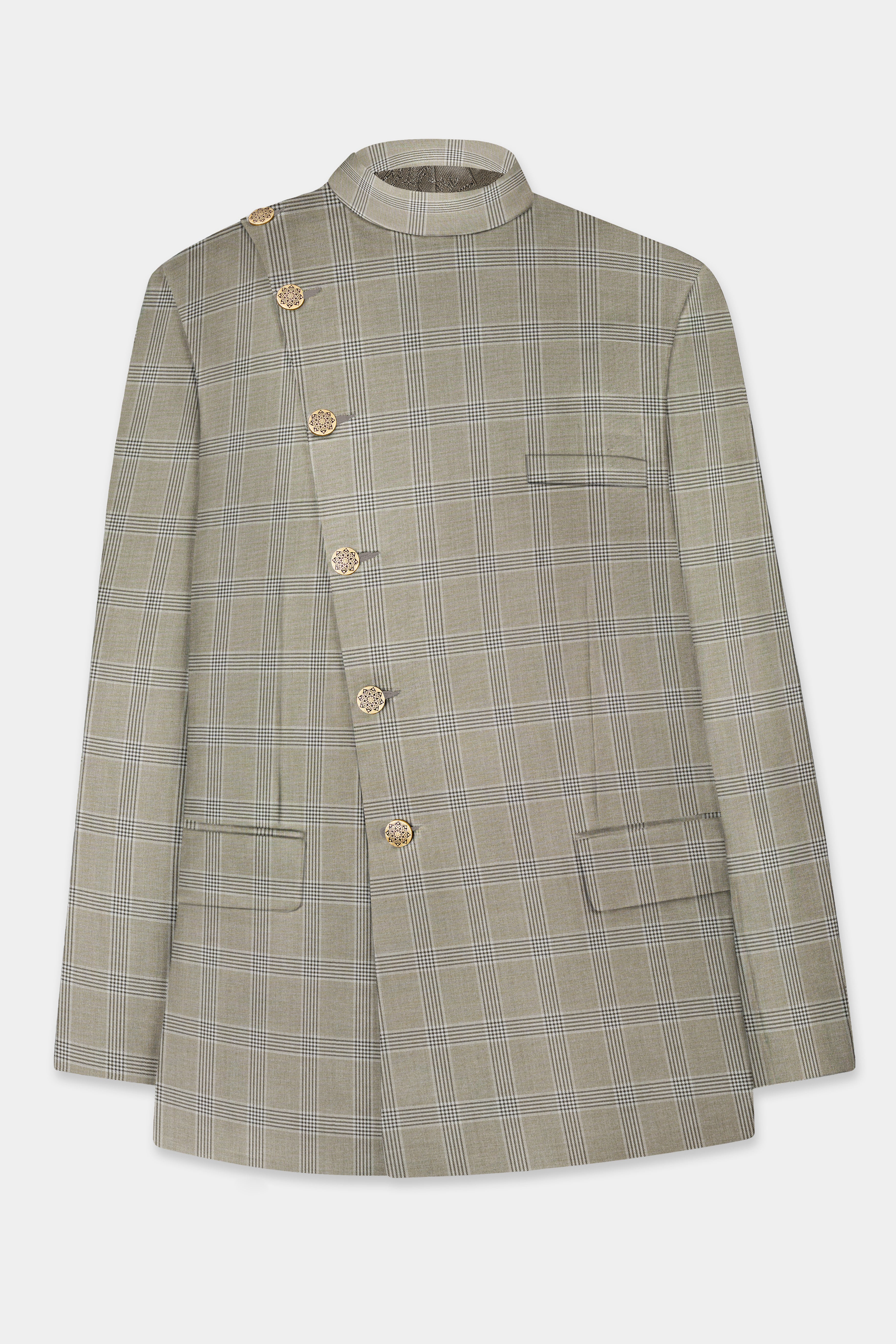 Sandrift Cream Plaid Wool Blend Cross Placket Bandhgala Blazer