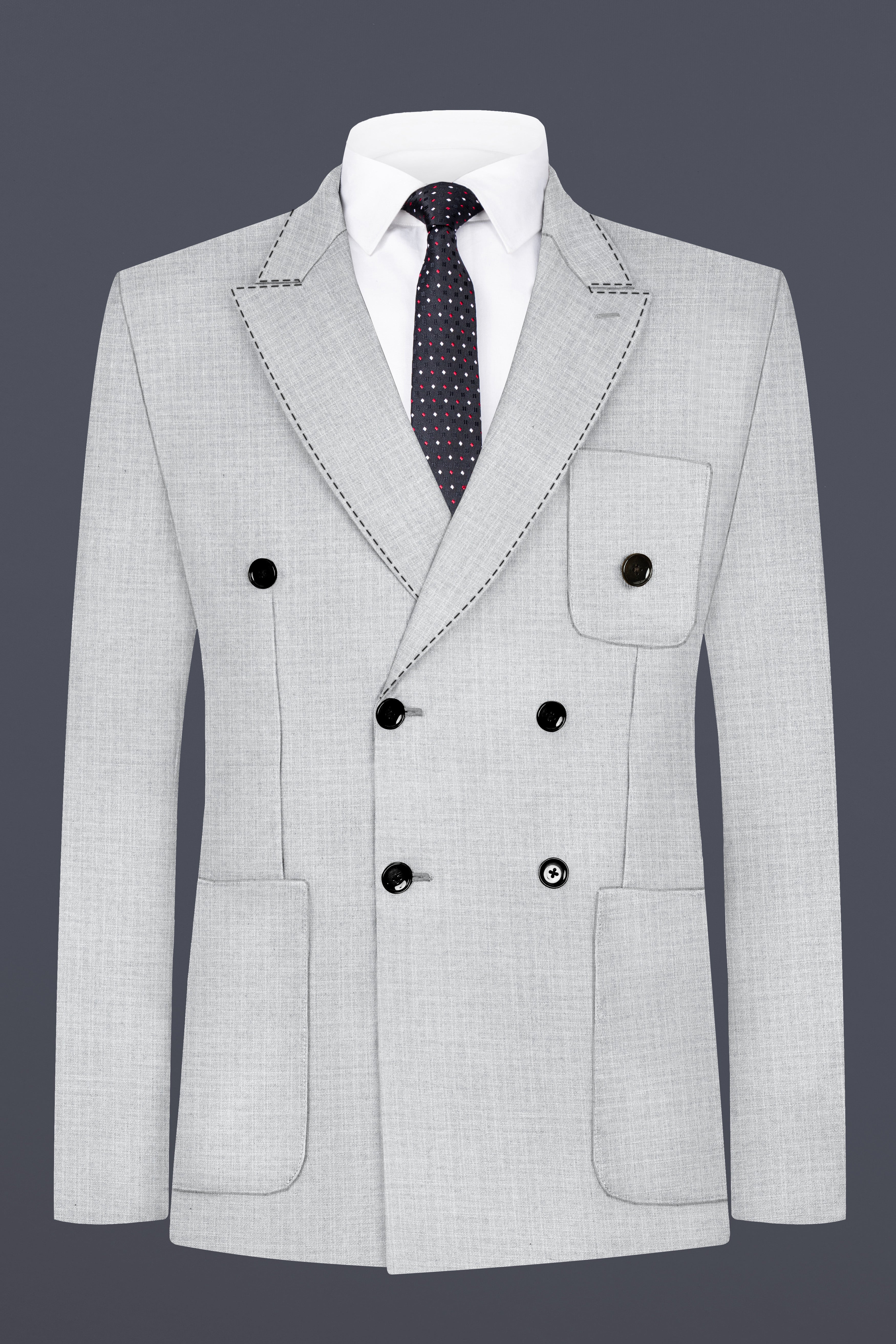 Pastel Gray Textured Wool Blend Double Breasted Sports Blazer