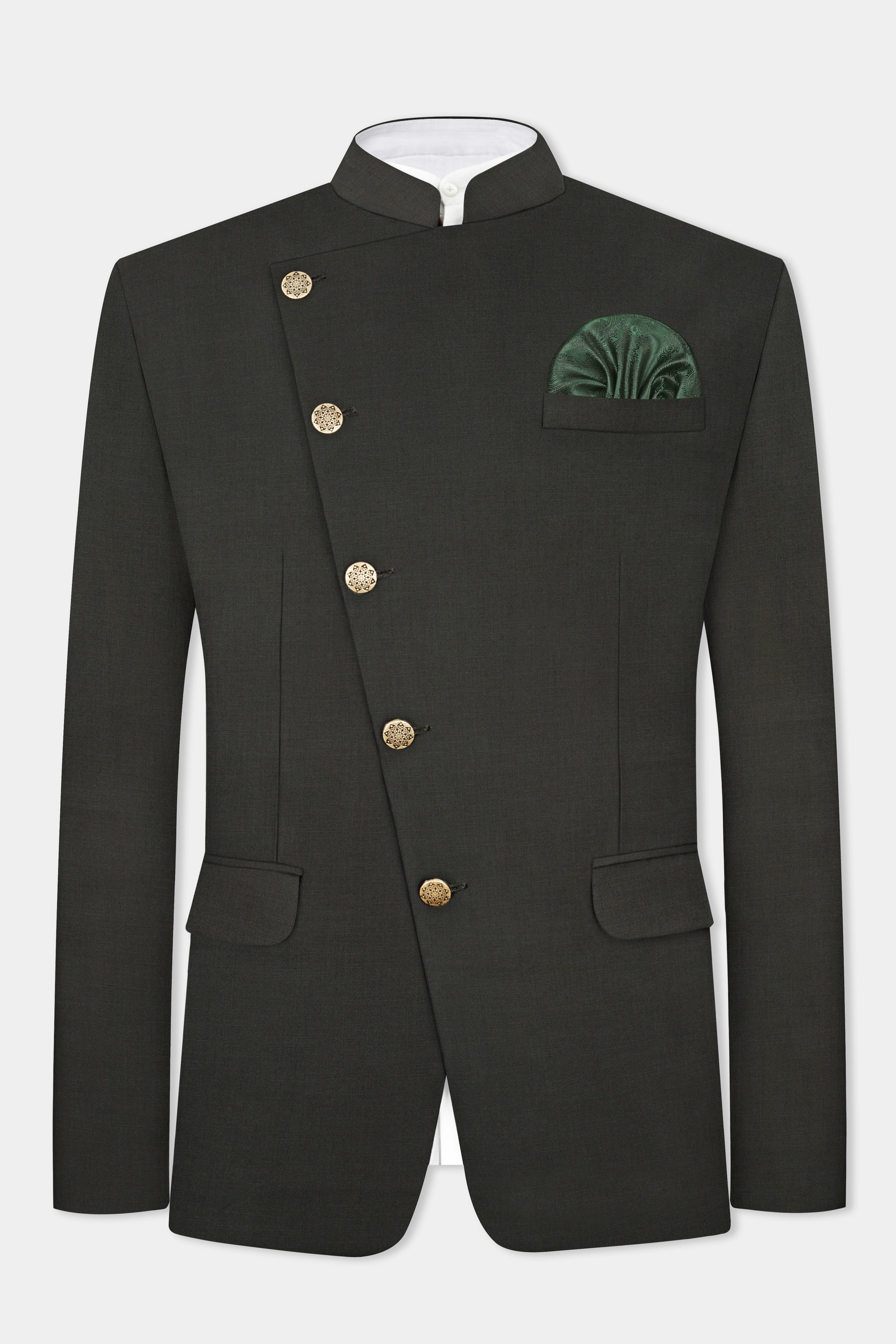 Rangoon Green Wool Blend Cross Placket Bandhgala Blazer