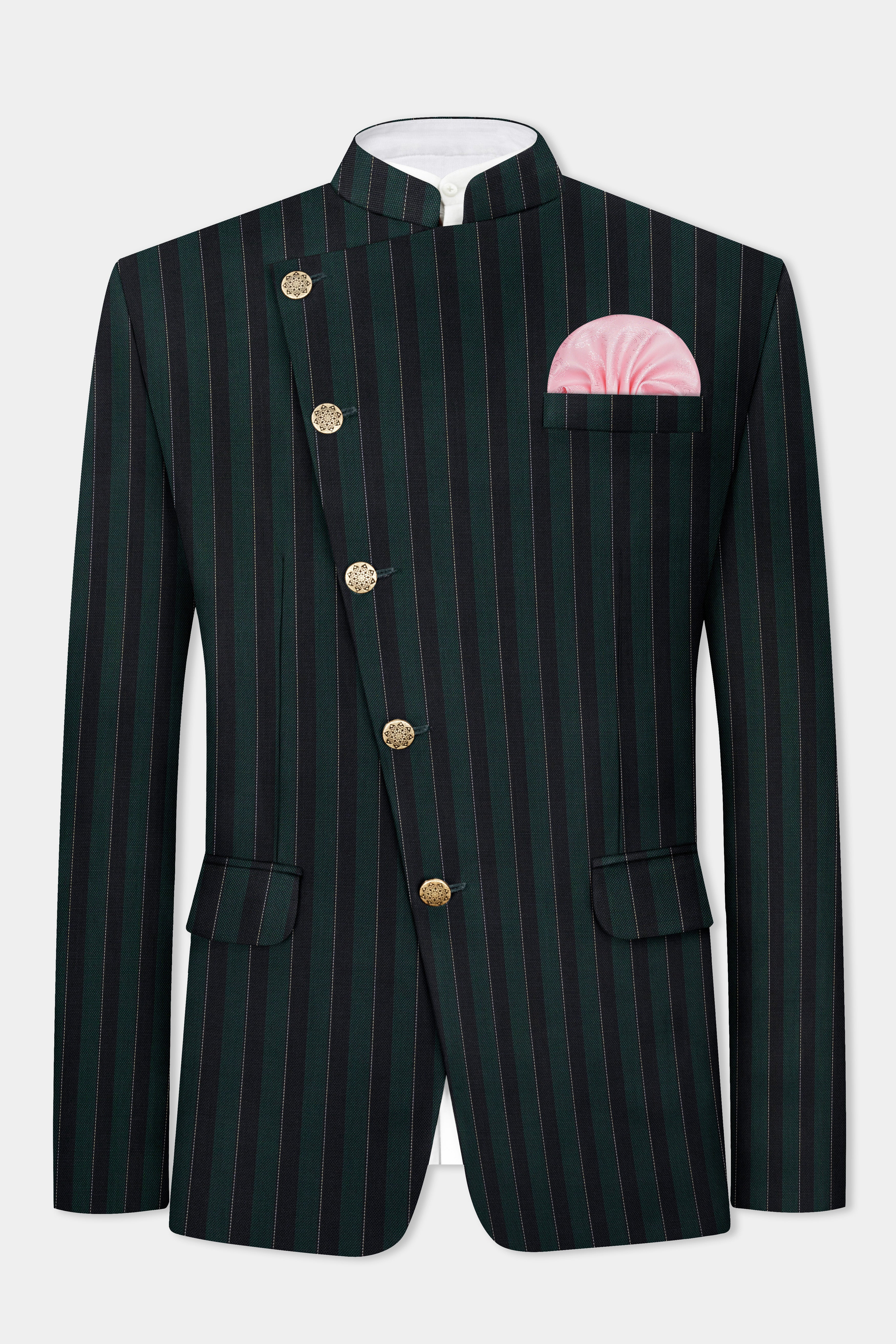 Timber Green With Bunker Black Striped Wool Blend Cross Placket Bandhgala Blazer