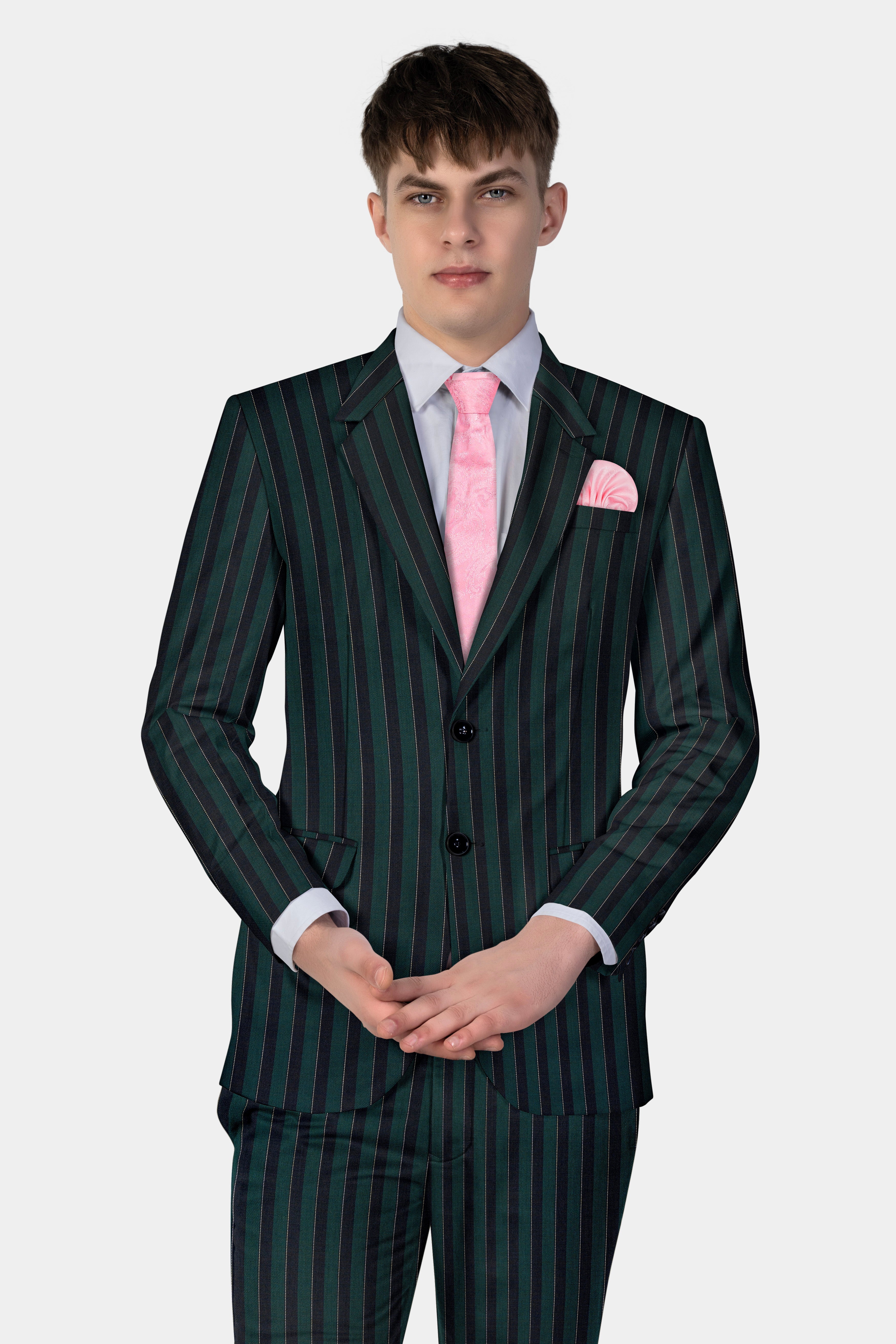 Timber Green With Bunker Black Striped Wool Blend Blazer