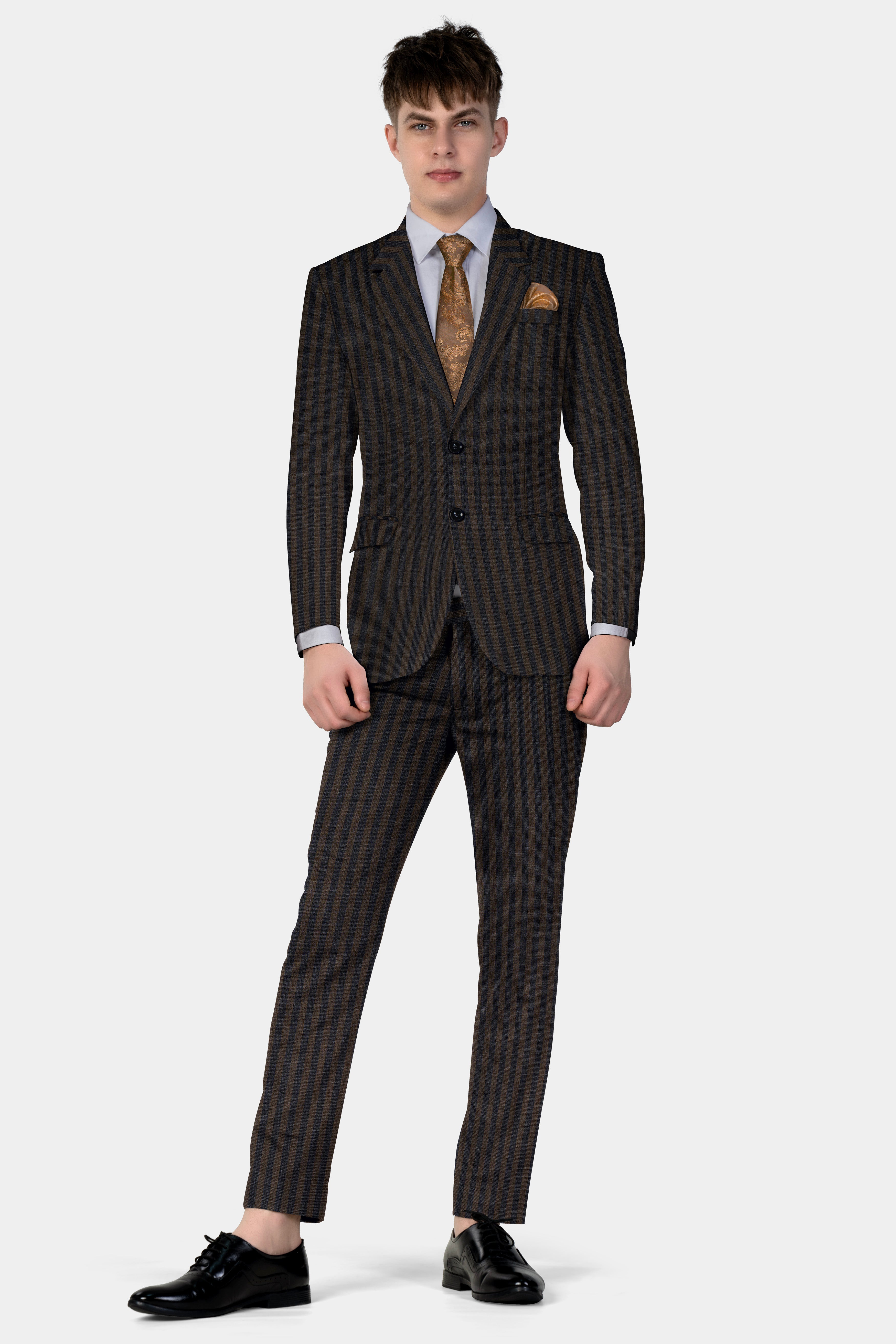 Taupe Brown With Jade Black Striped Wool Blend Blazer