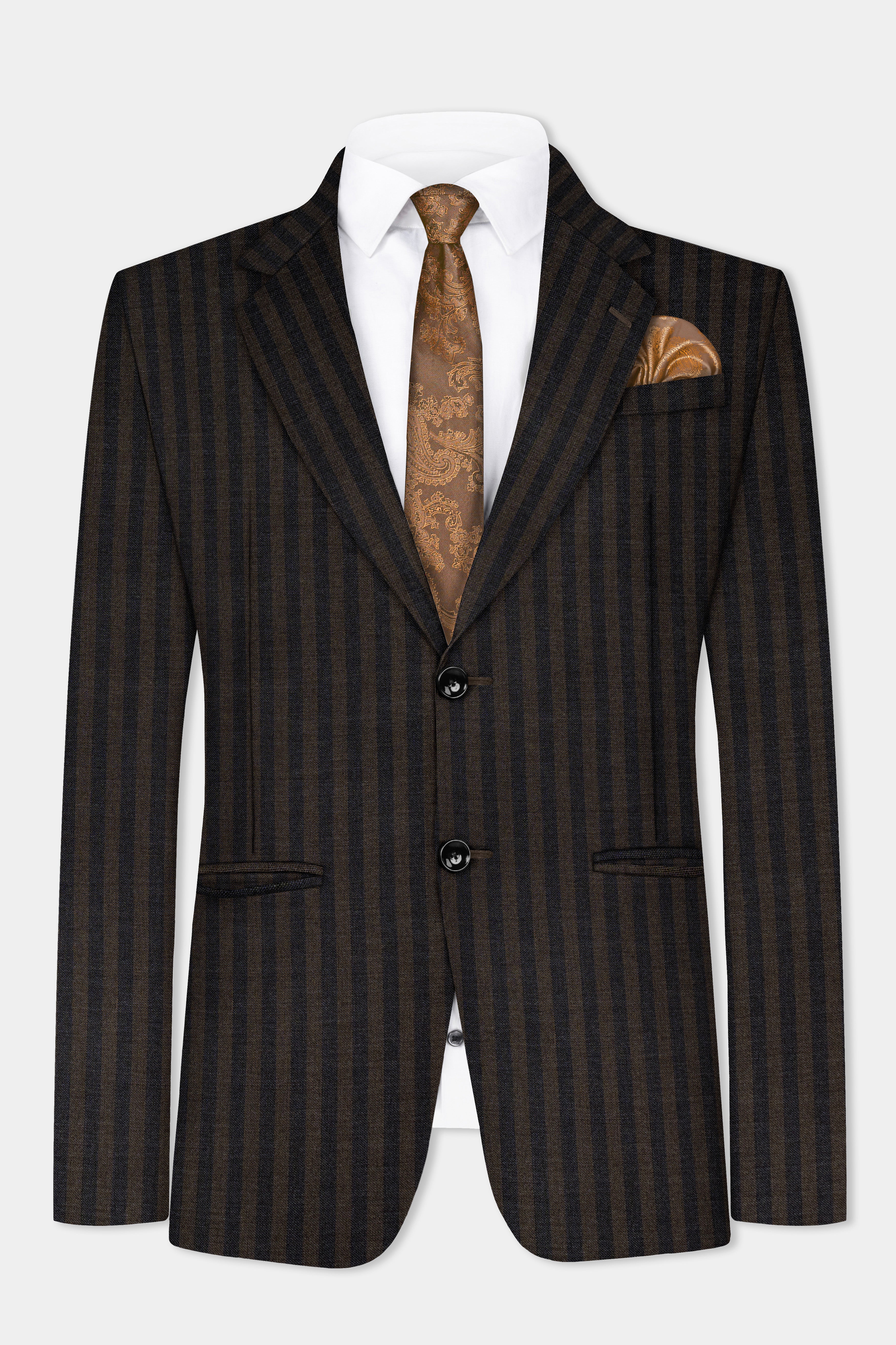 Taupe Brown With Jade Black Striped Wool Blend Blazer