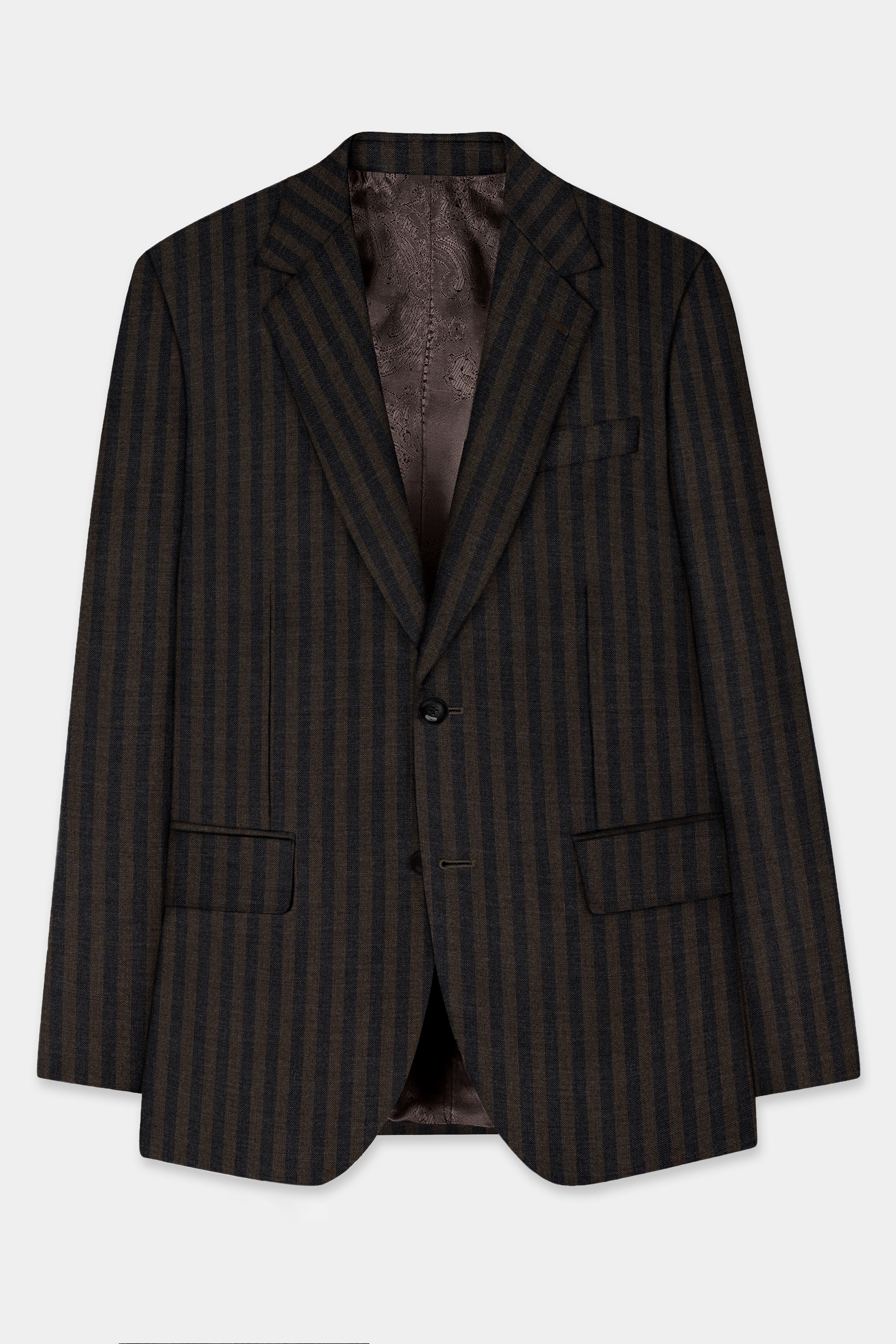 Taupe Brown With Jade Black Striped Wool Blend Blazer