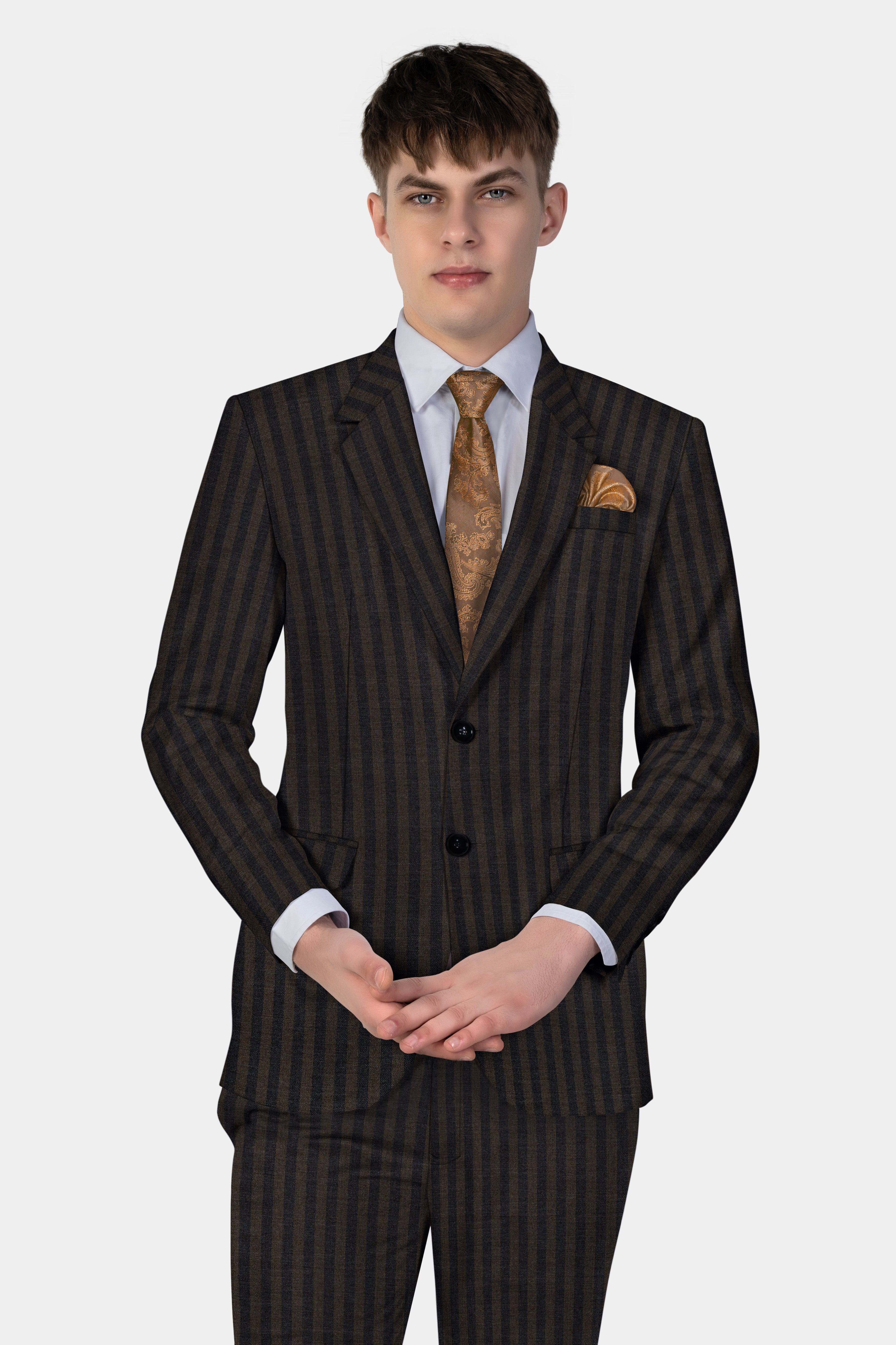 Taupe Brown With Jade Black Striped Wool Blend Blazer