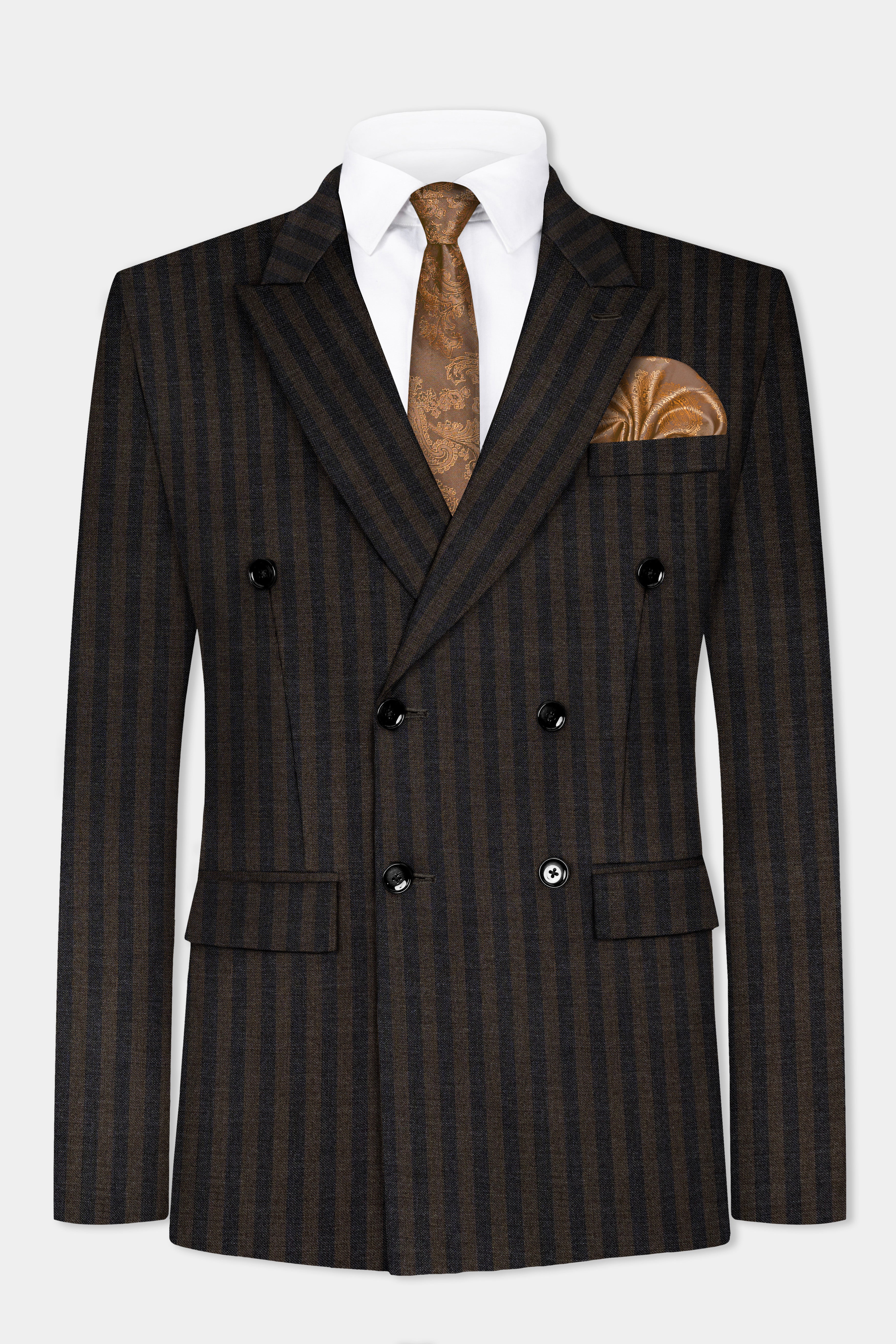 Taupe Brown With Jade Black Striped Wool Blend Double Breasted Blazer