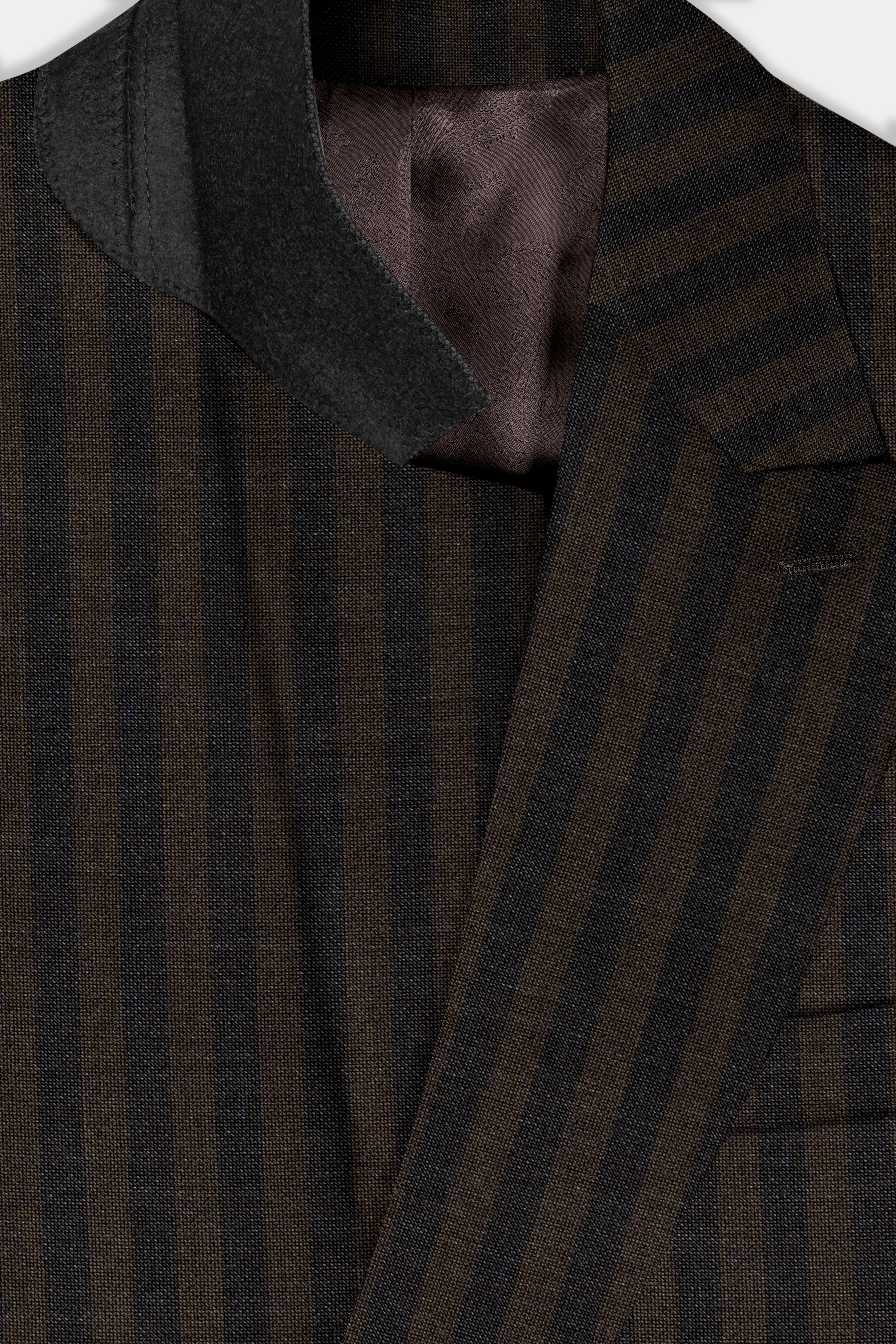 Taupe Brown With Jade Black Striped Wool Blend Double Breasted Blazer