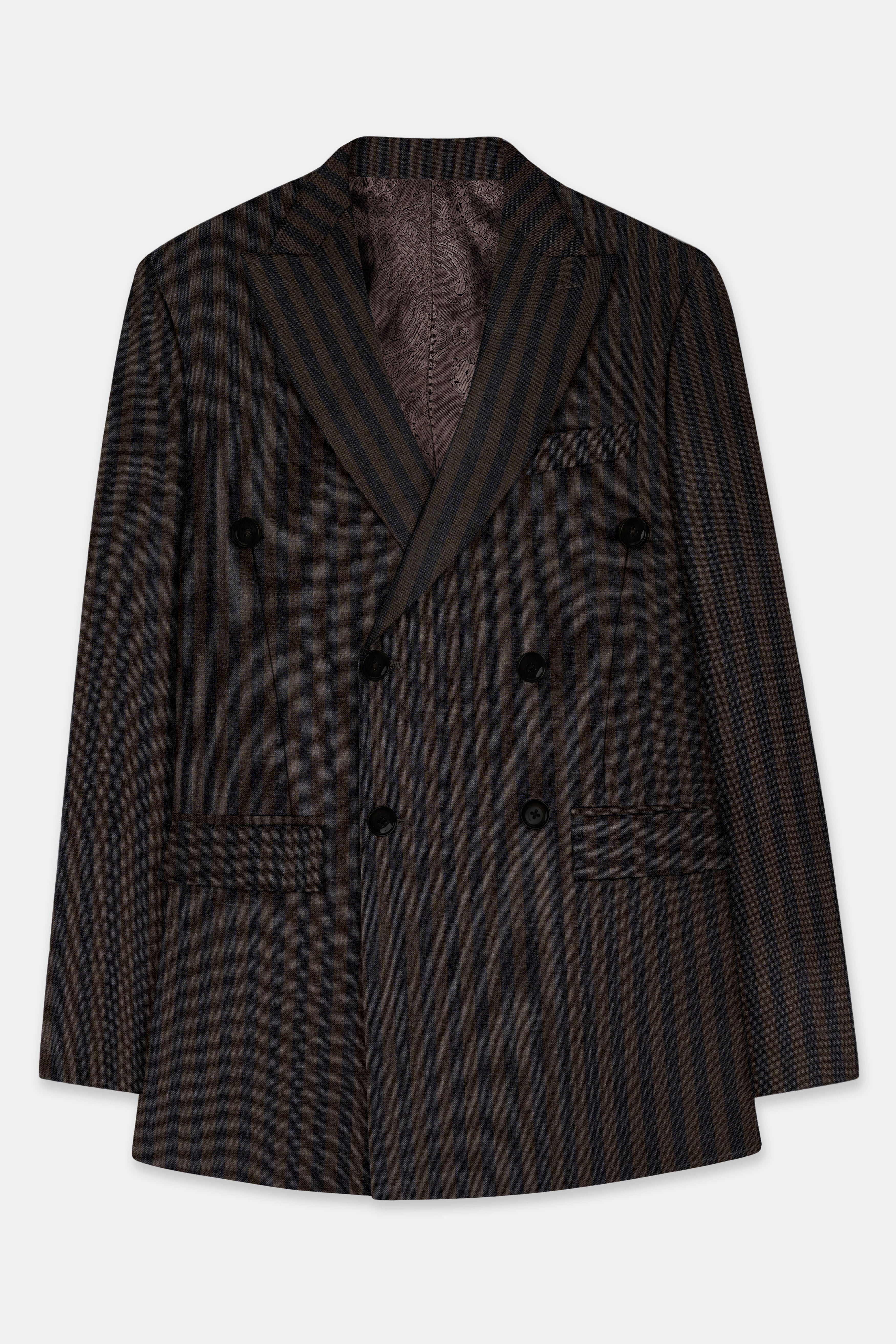 Taupe Brown With Jade Black Striped Wool Blend Double Breasted Blazer