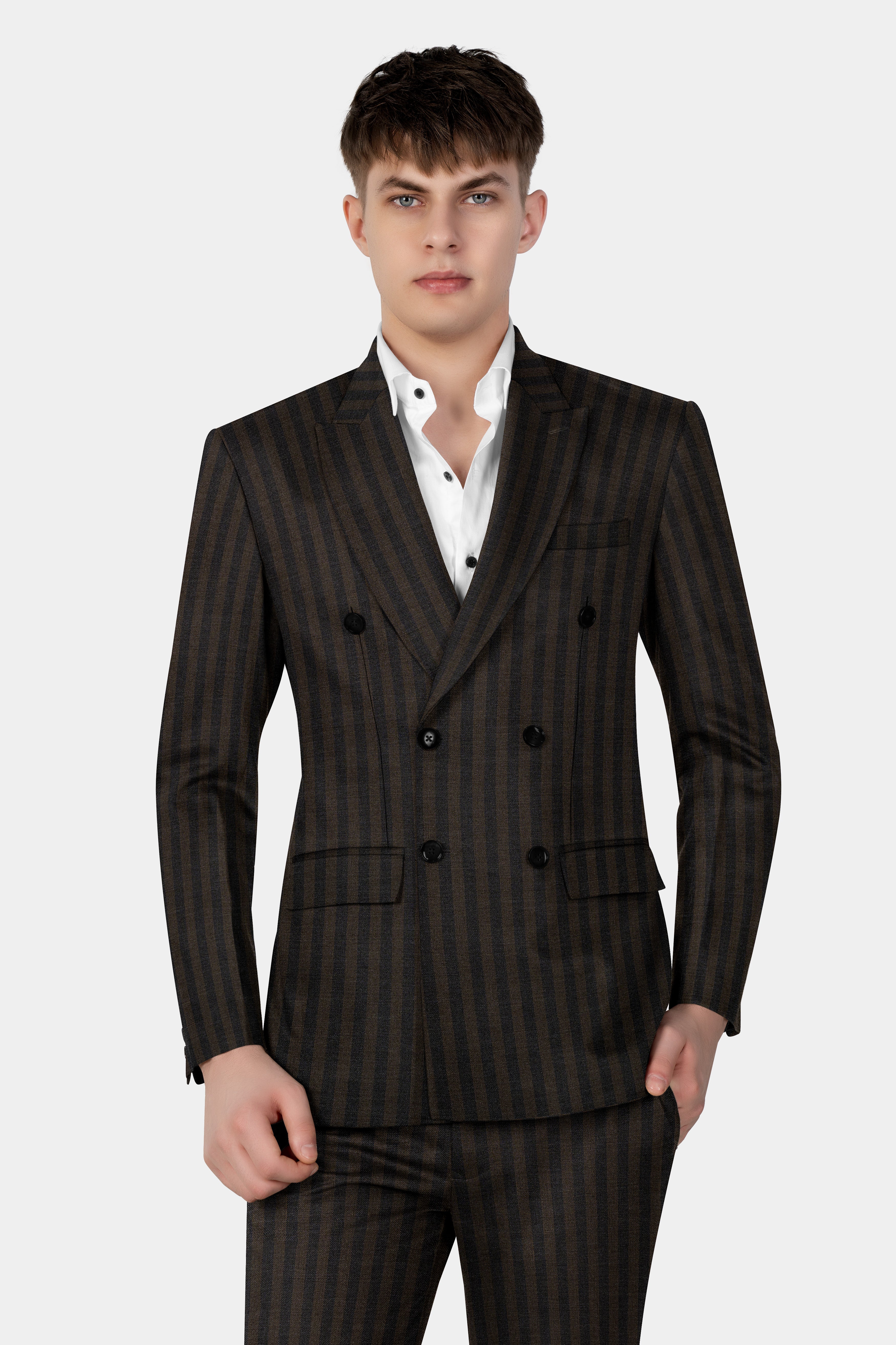 Taupe Brown With Jade Black Striped Wool Blend Double Breasted Blazer