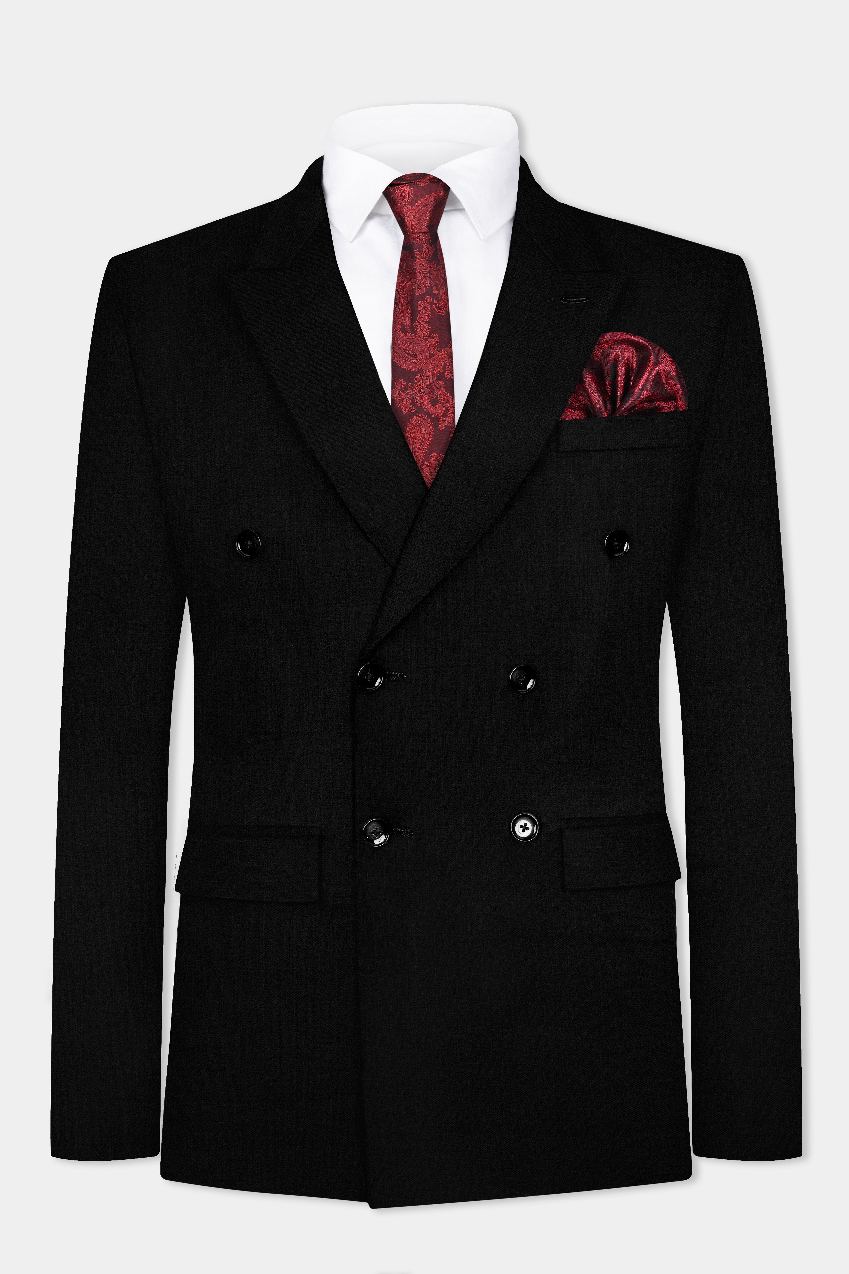 Jade Black Solid Wool Blend Double Breasted Stretchable Blazer