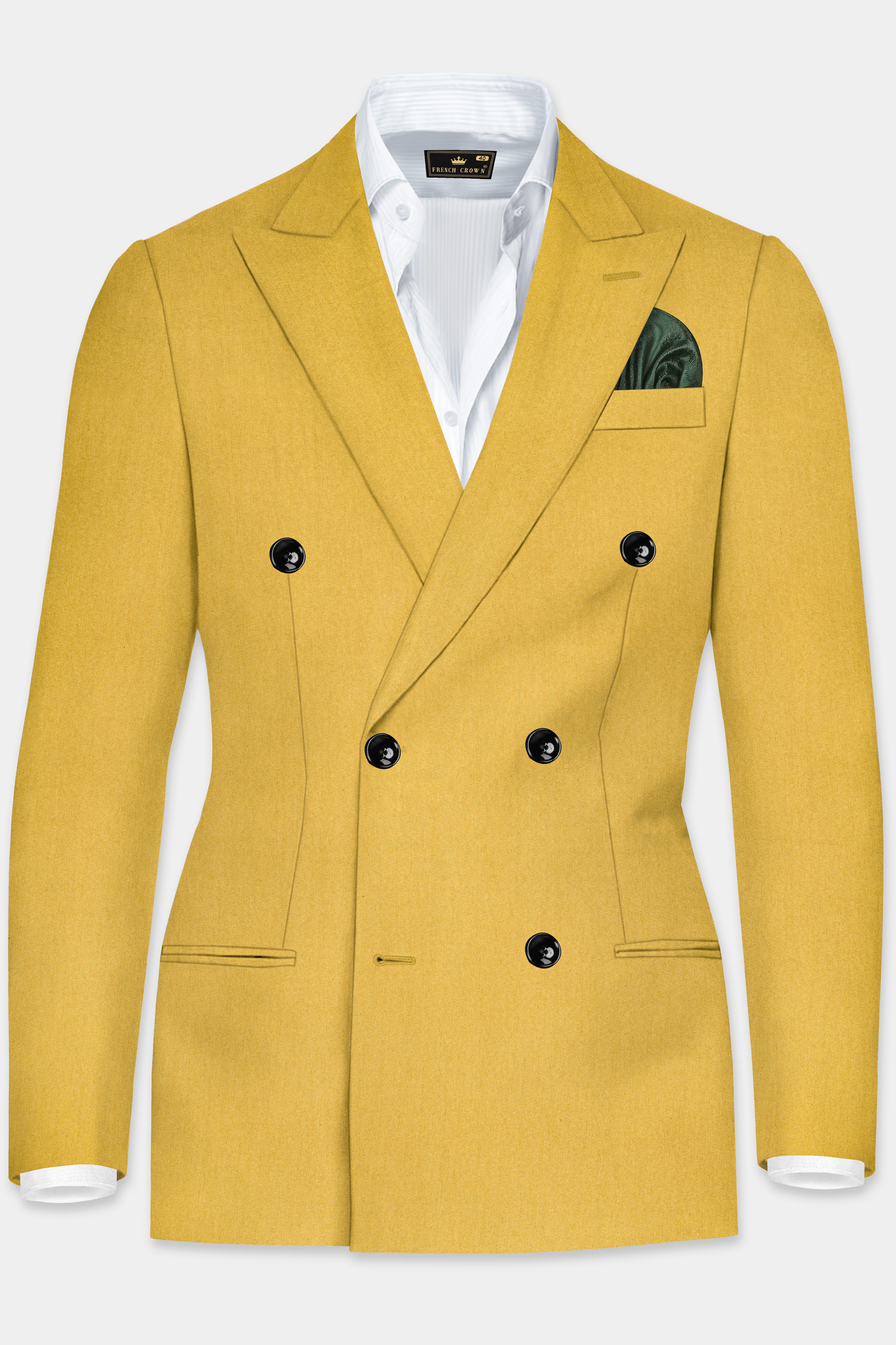 Camel Yellow Solid Cotton Double Breasted Blazer