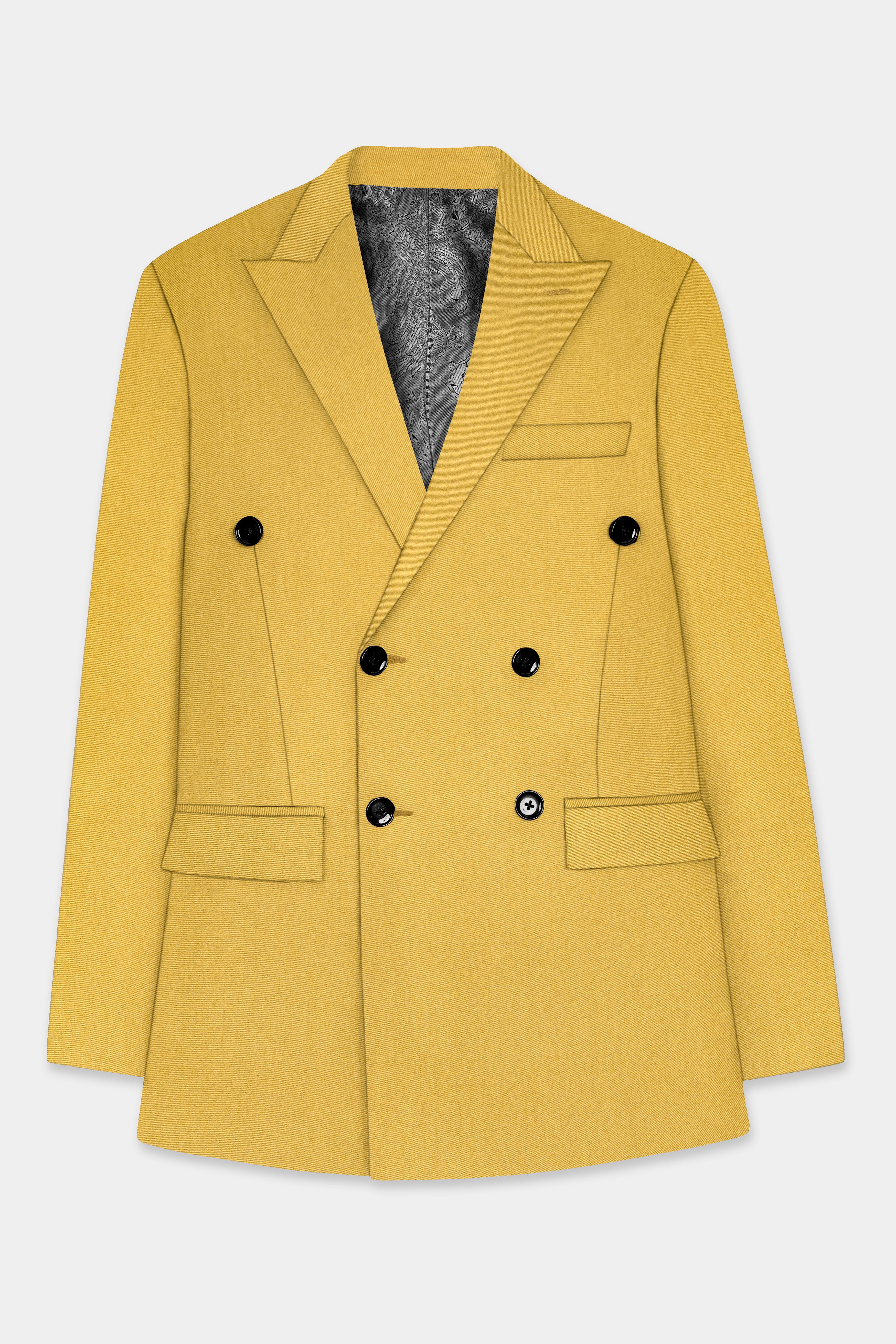 Camel Yellow Solid Cotton Double Breasted Blazer