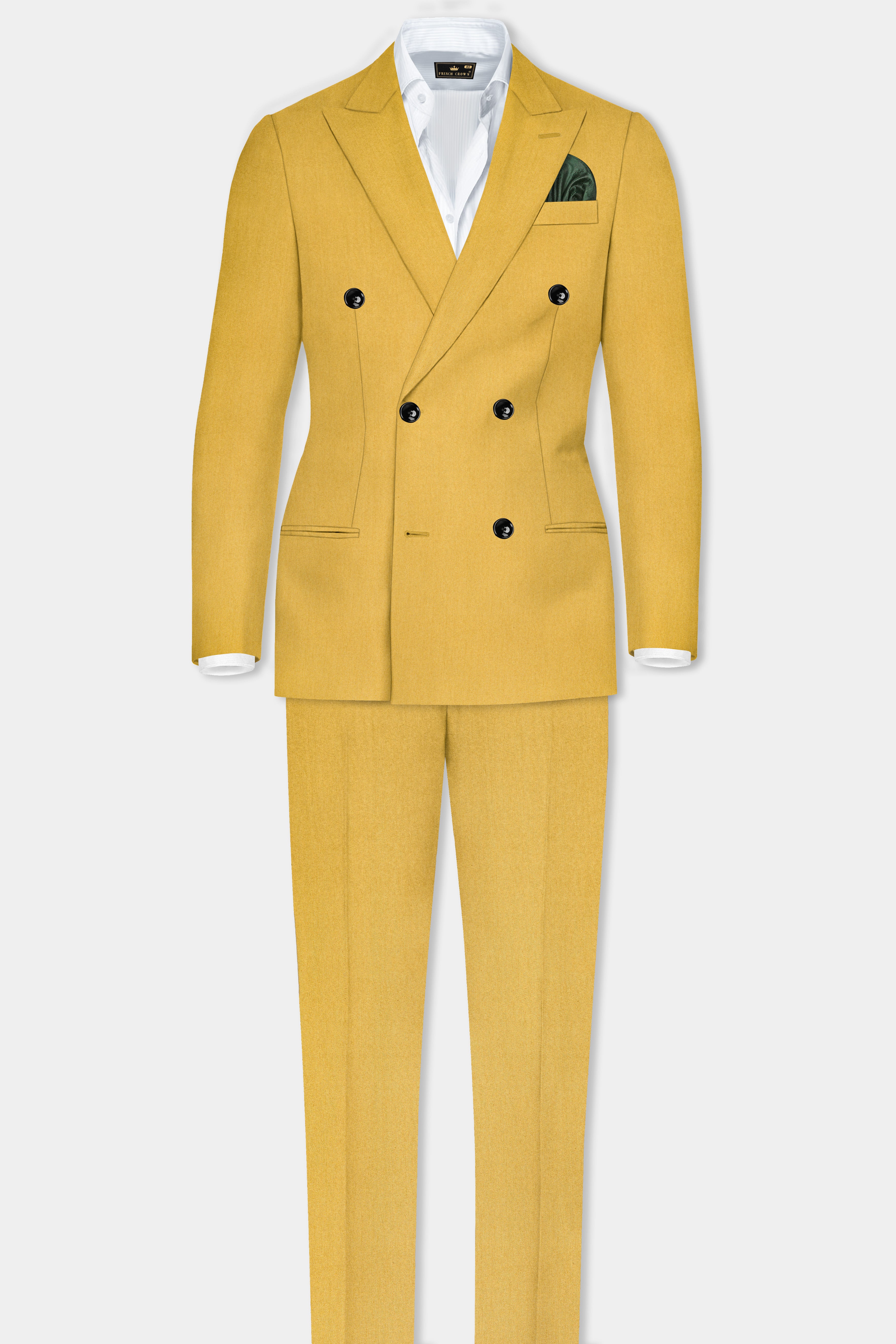 Camel Yellow Solid Cotton Double Breasted Blazer