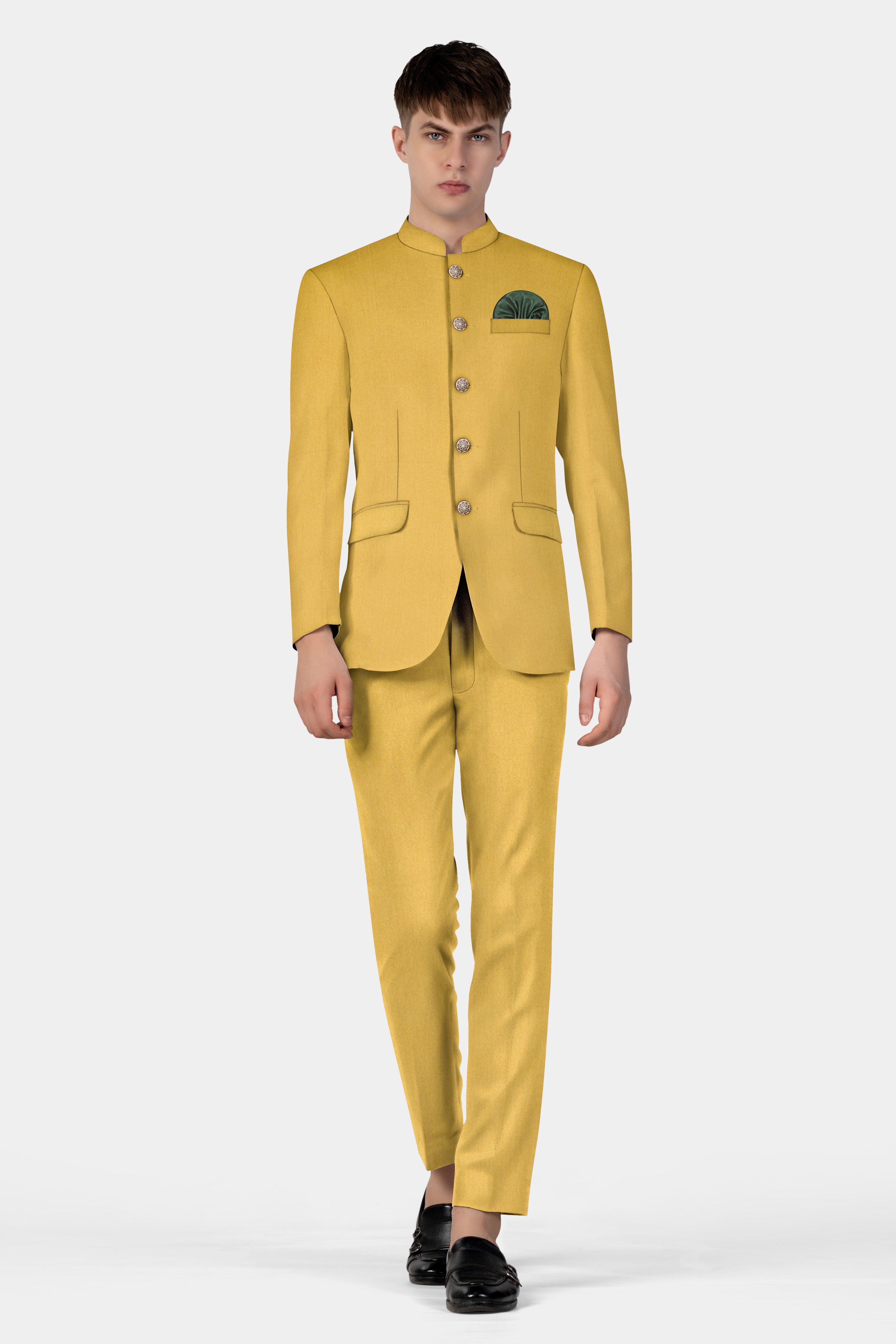 Camel Yellow Solid Cotton Bandhgala Blazer